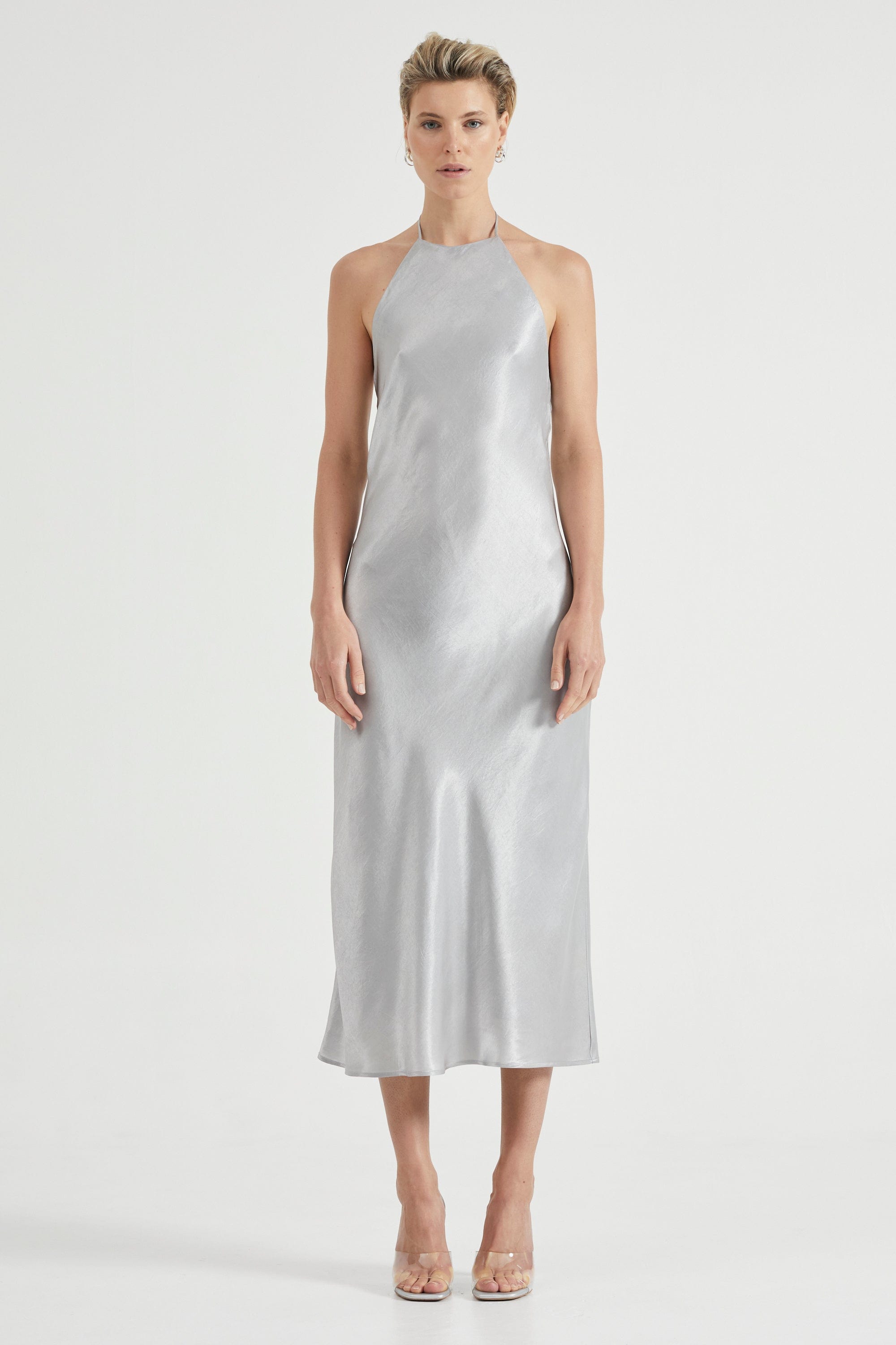CRUSH BIAS HALTER DRESS | SILVER THIRD FORM - International CRUSH BIAS HALTER DRESS | SILVER THIRD FORM - International
