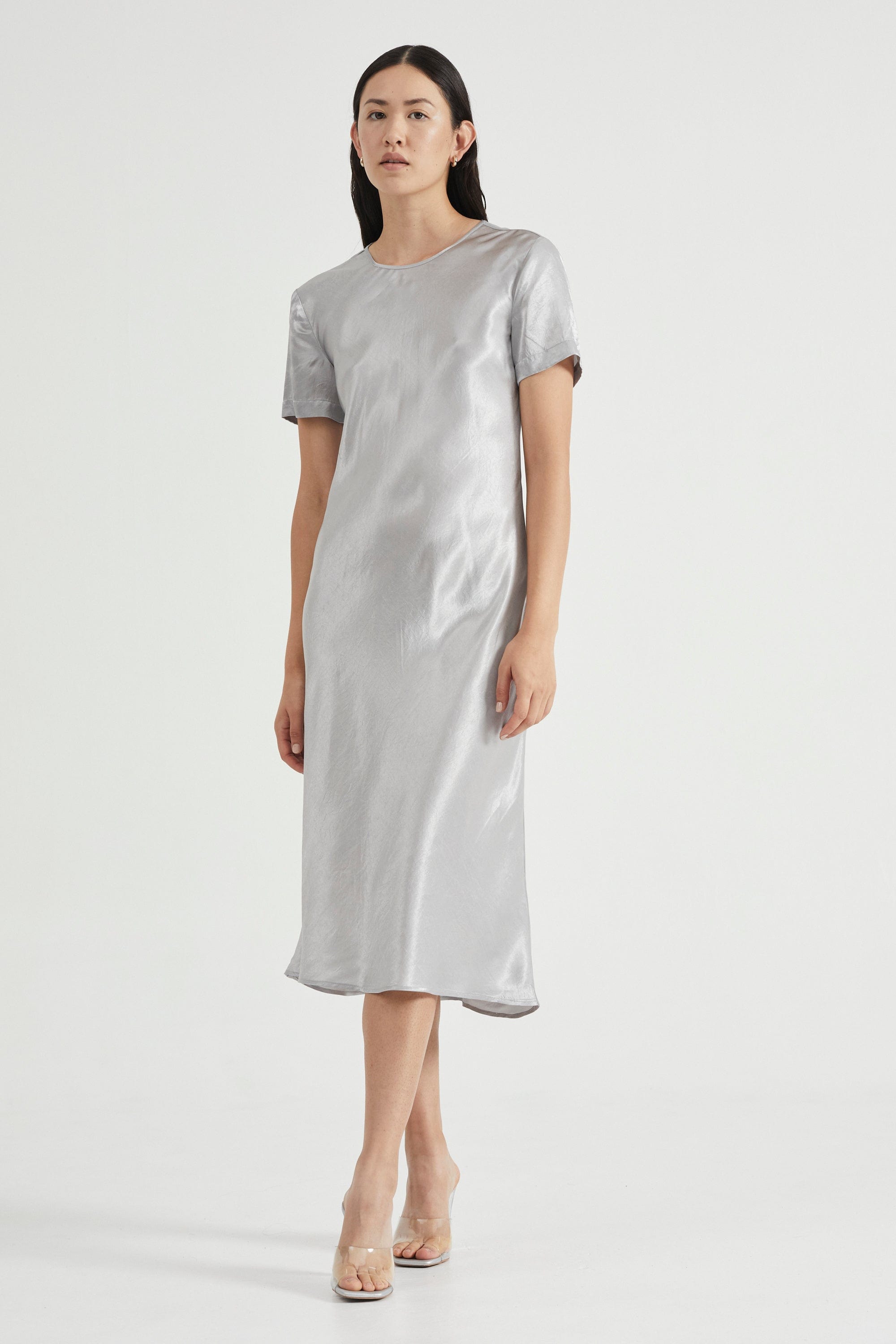 Silver Satin Midi Dress Silver Shimmer Bodycon Maxi Dress NEWME