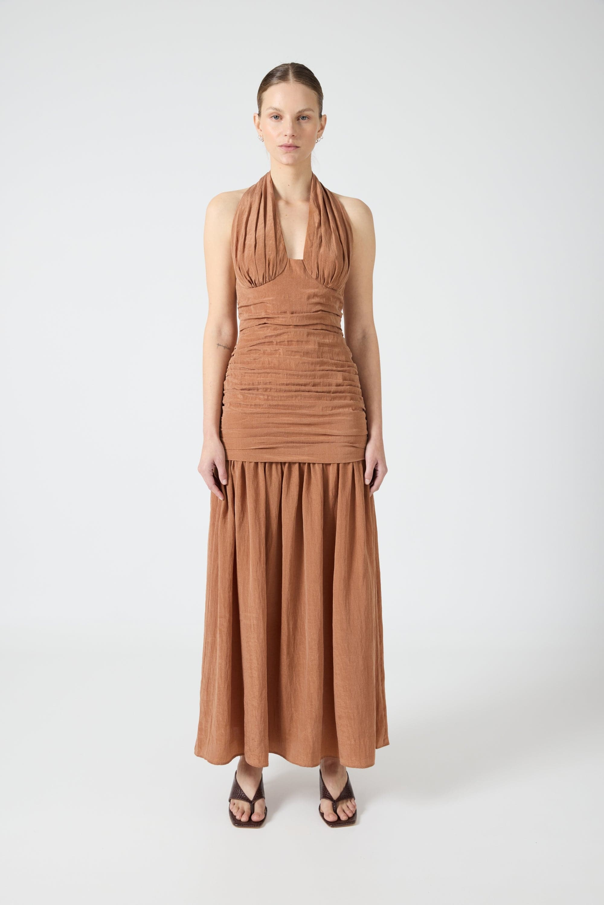 rust halter dress Canella | RUST Satin Halter-Neck Maxi Dress With Sash-Detail