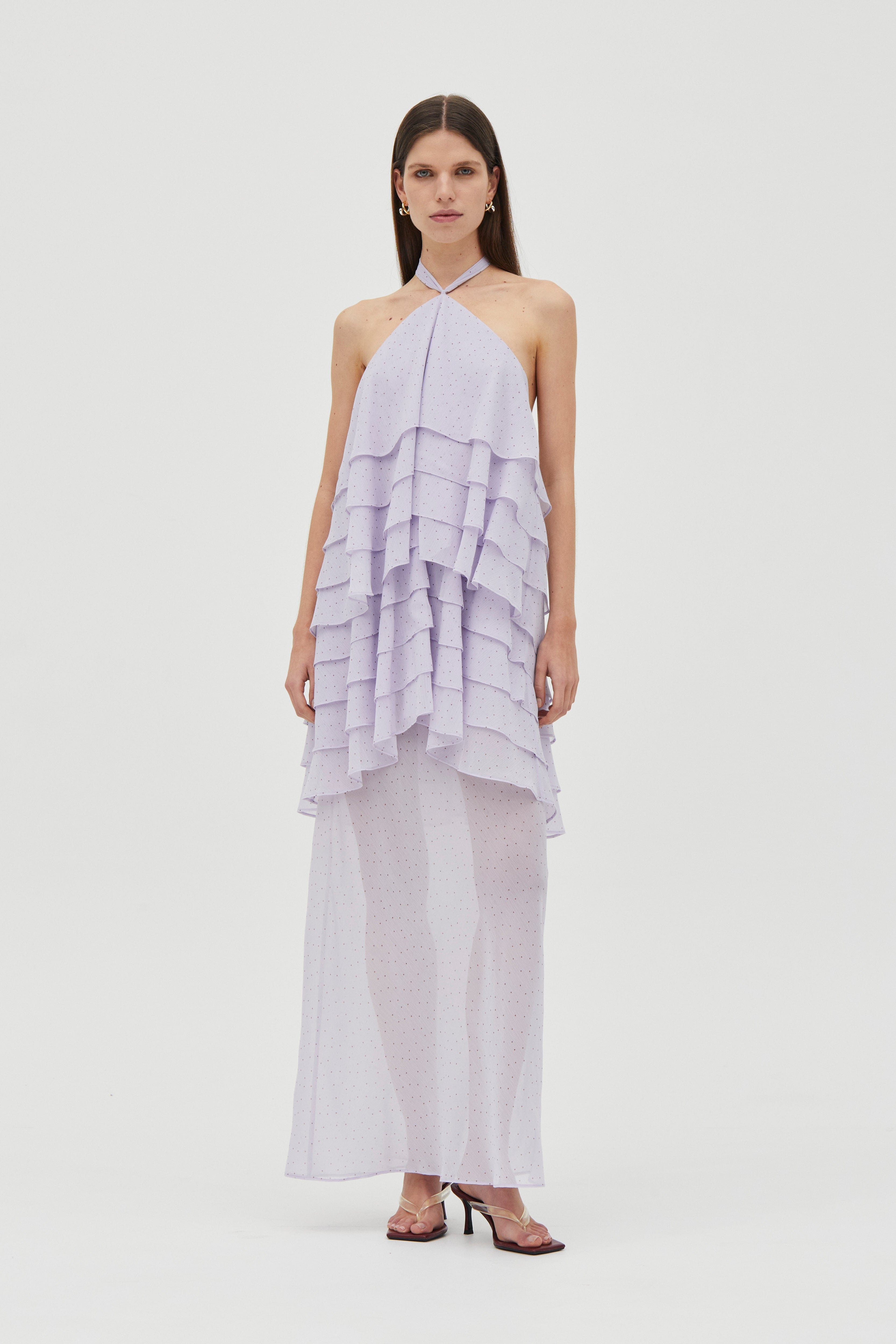 third form gaia sheer ruffle halter dress GAIA TIERED MAXI DRESS | JUNIPER | THIRD FORM | Women's Australian Fashion THIRD FORM