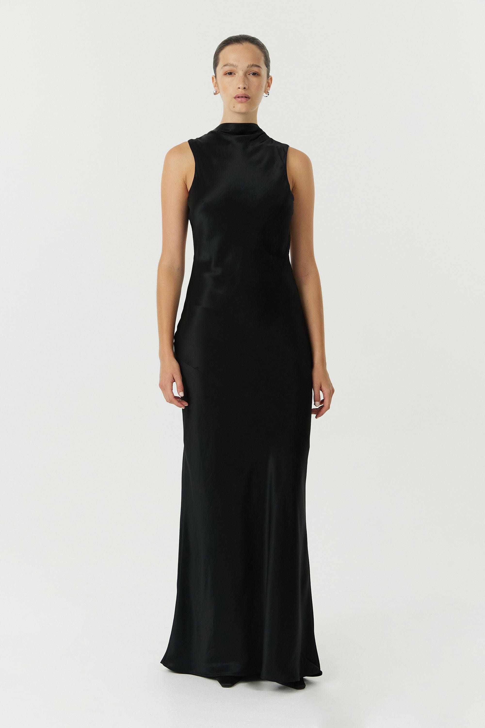 SATIN BIAS COWL BACK MAXI BLACK — THIRD FORM International