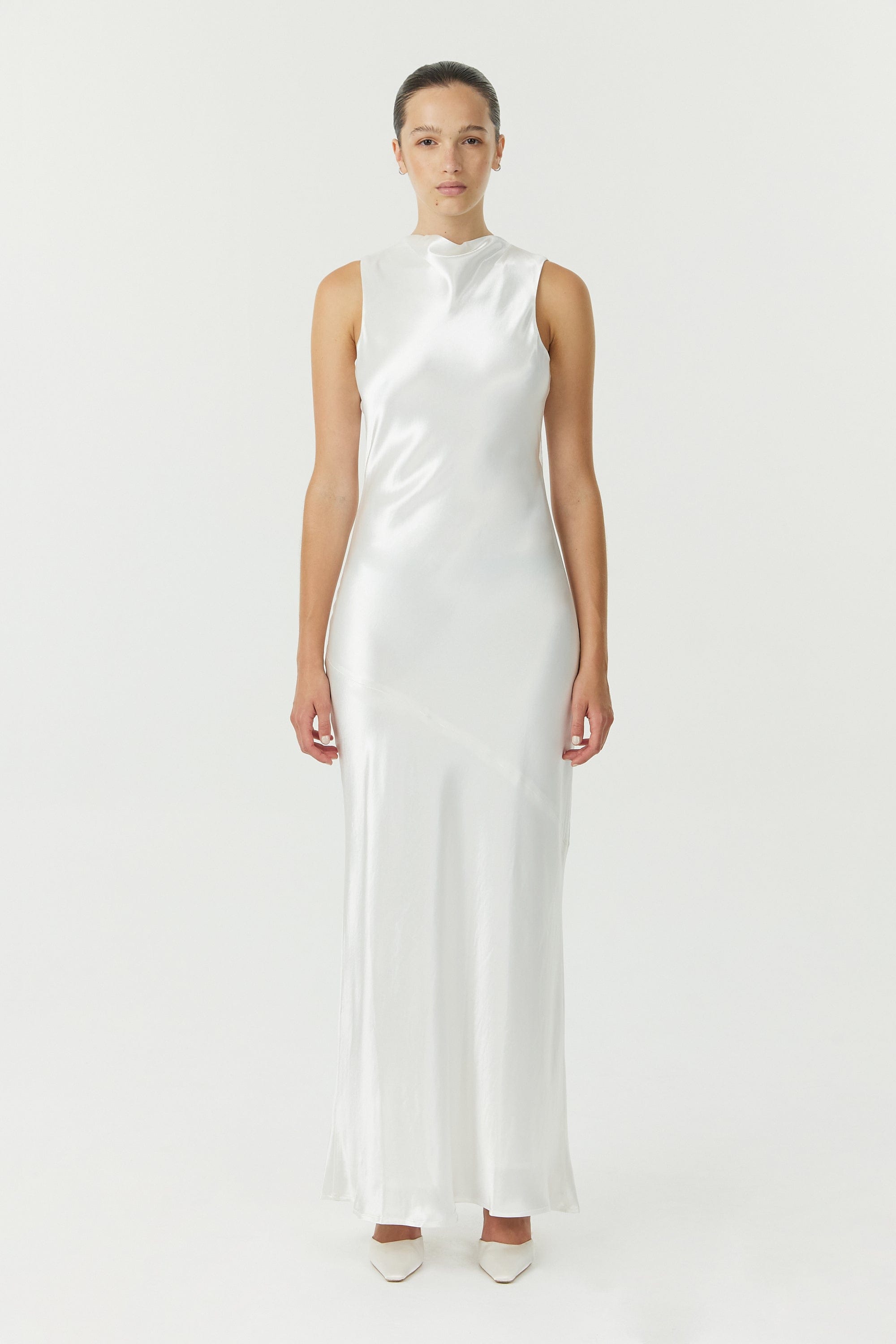 SATIN BIAS COWL BACK MAXI | POWDER WHITE THIRD FORM - International SATIN BIAS COWL BACK MAXI | POWDER WHITE THIRD FORM - International