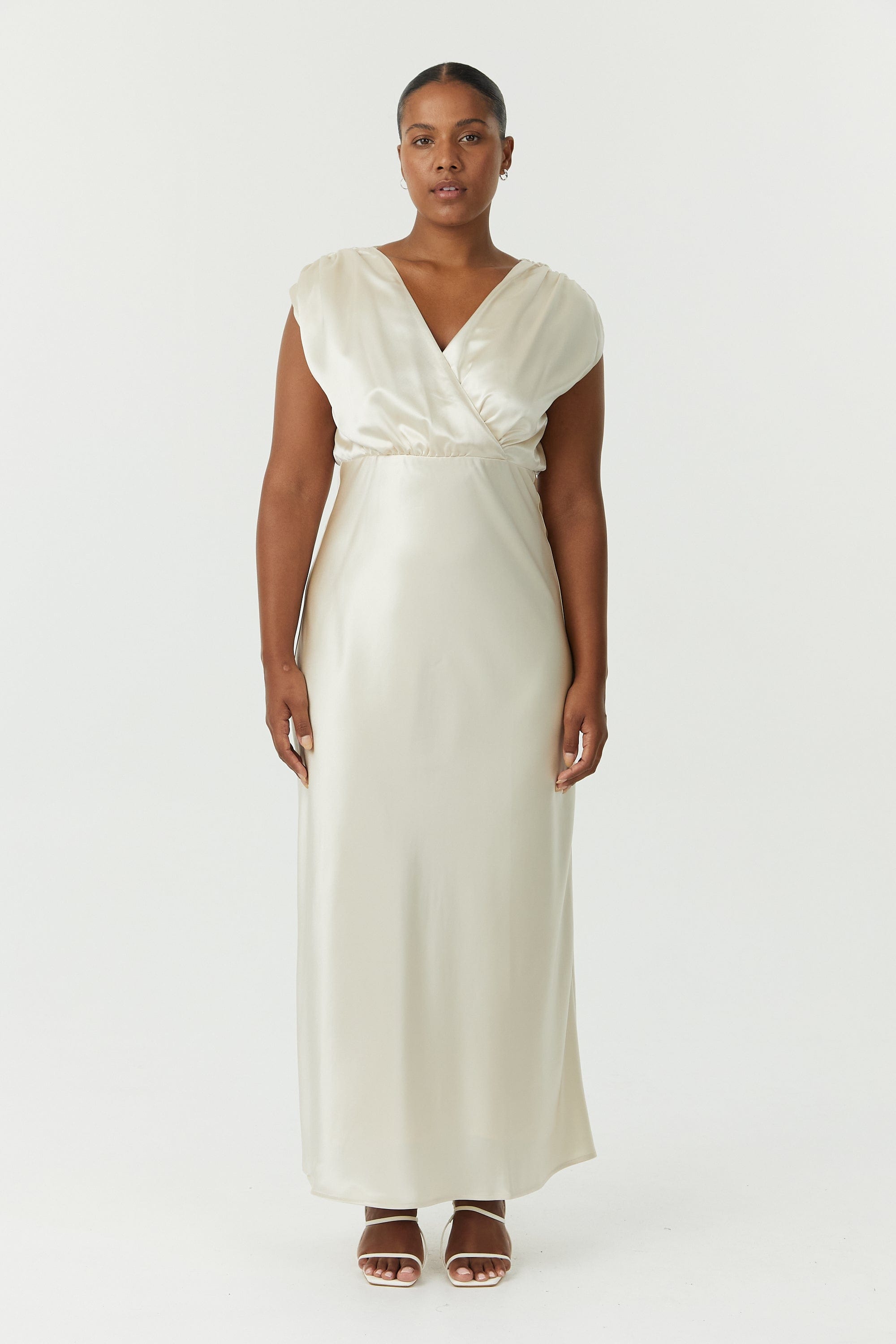 satin crossover dress Matte Satin Long Dress With Crossover Pleating And Lace-Up Back