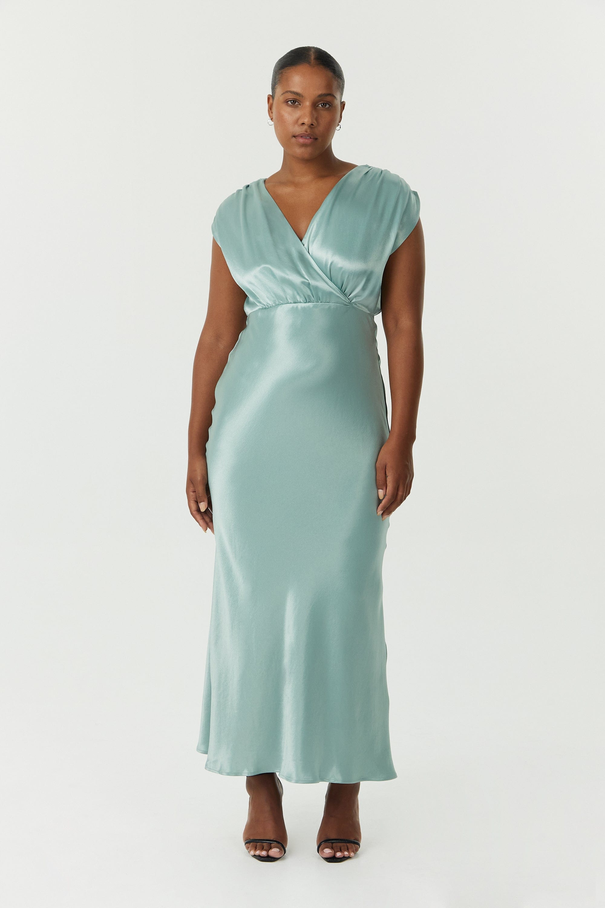 SATIN CROSS OVER GATHER DRESS | WAVE THIRD FORM - International SATIN CROSS OVER GATHER DRESS | WAVE THIRD FORM - International