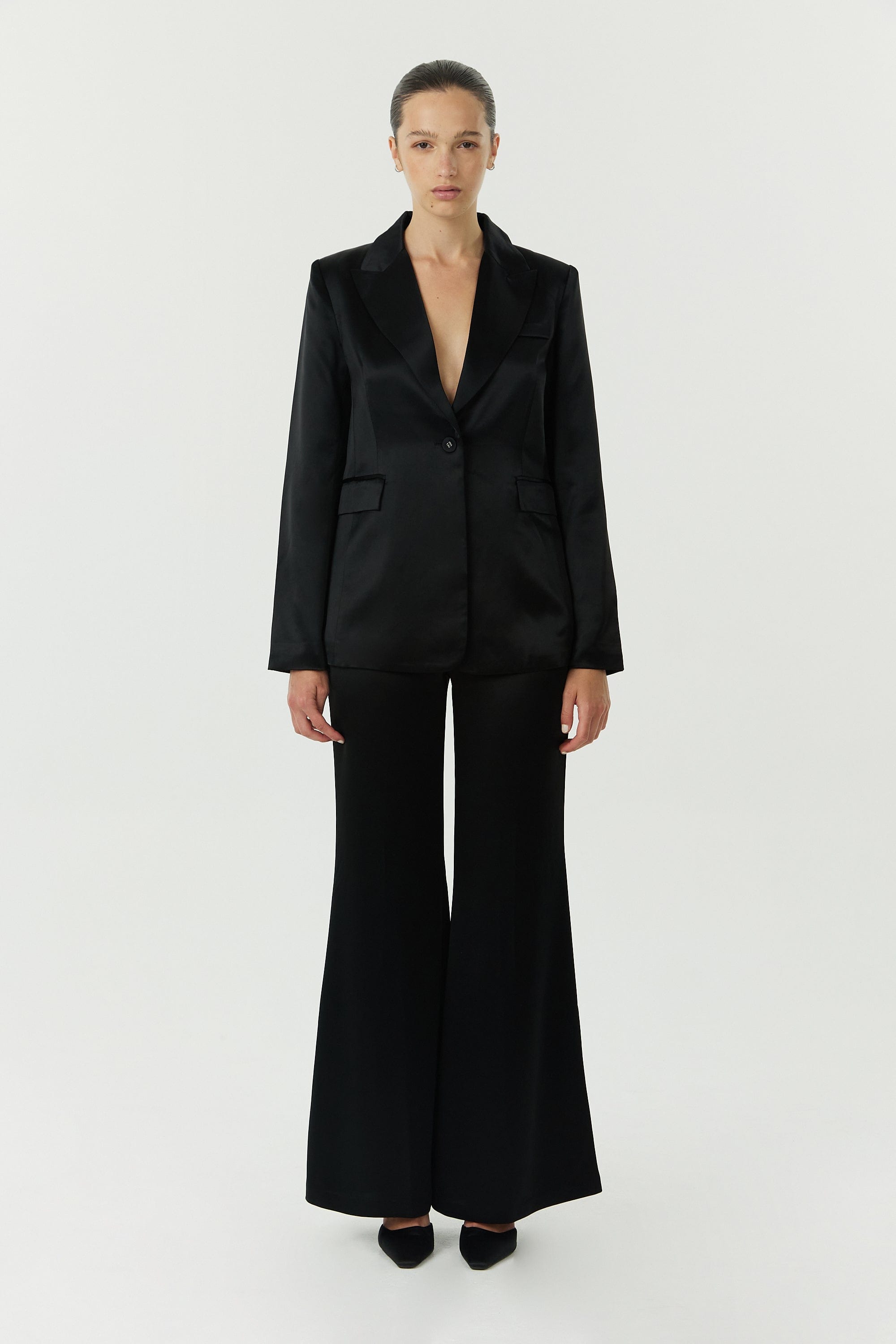 SATIN FLARE TROUSER | BLACK THIRD FORM - International SATIN FLARE TROUSER | BLACK THIRD FORM - International