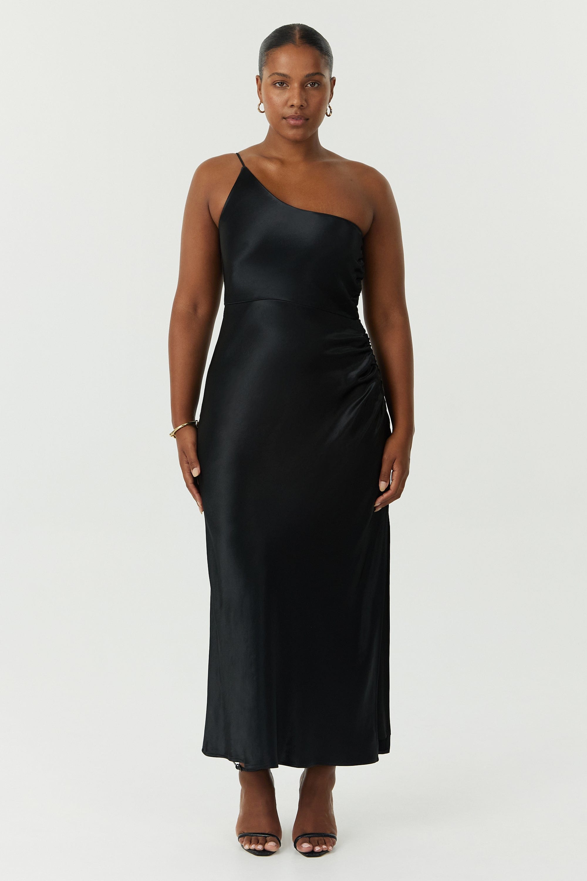SATIN GATHER ONE SHOULDER DRESS BLACK — THIRD FORM International
