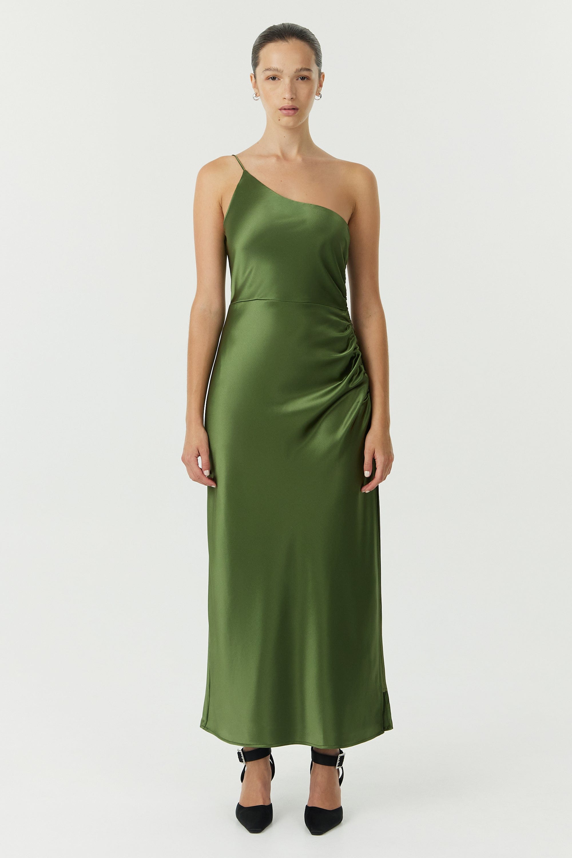 SATIN GATHER ONE SHOULDER DRESS | OLIVE THIRD FORM - International SATIN GATHER ONE SHOULDER DRESS | OLIVE THIRD FORM - International