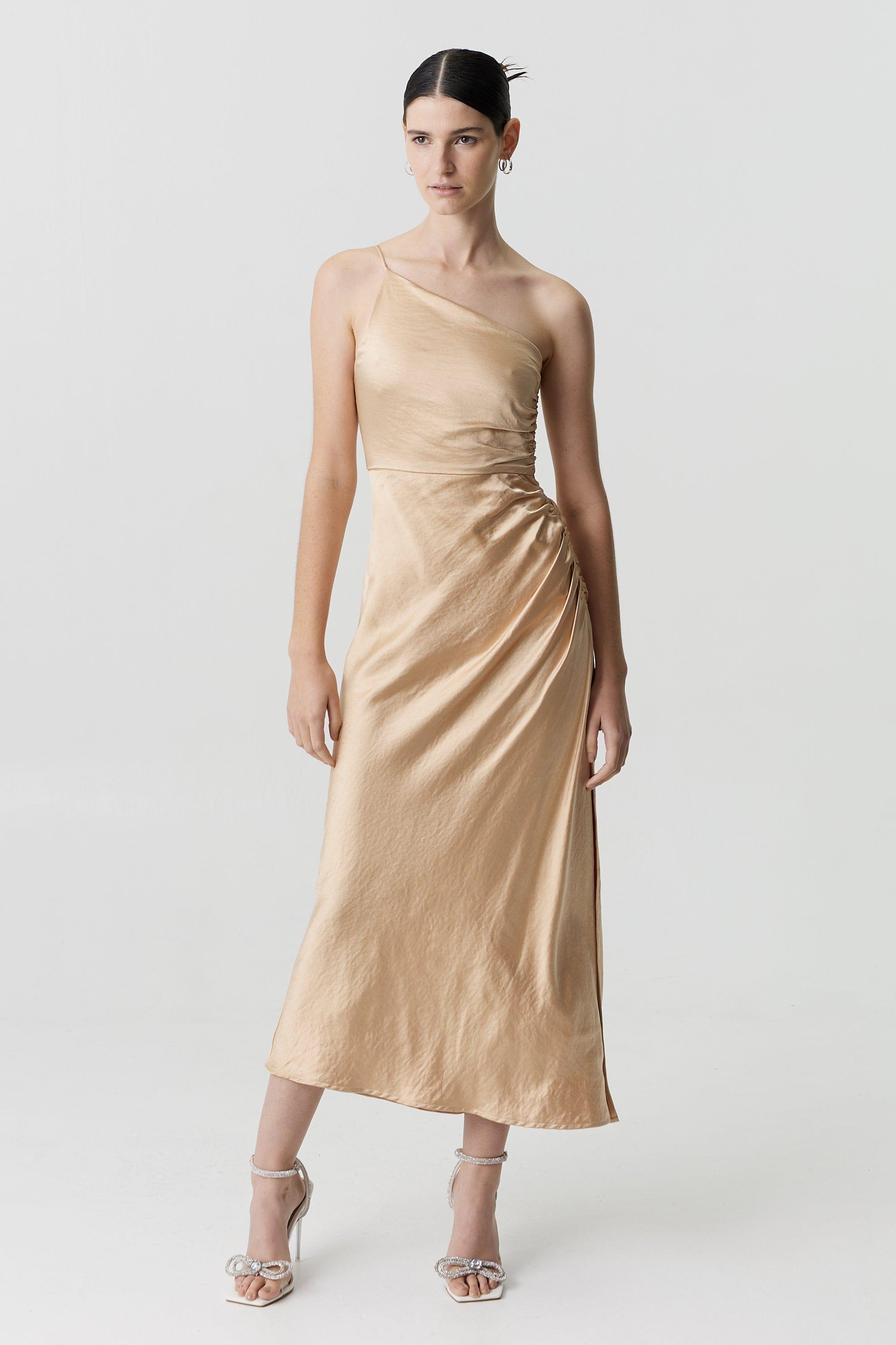 sand satin dress One-Shoulder Stretch Satin Bridesmaid Dress
