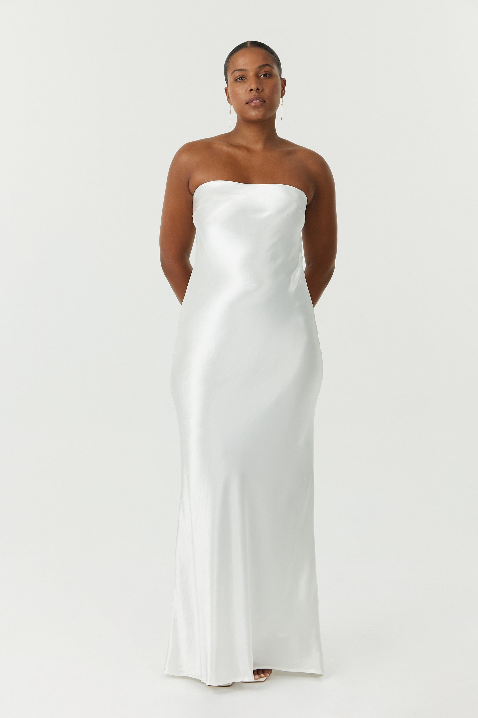 SATIN TIE BACK STRAPLESS MAXI | POWDER WHITE — THIRD FORM SATIN TIE BACK STRAPLESS MAXI | POWDER WHITE — THIRD FORM
