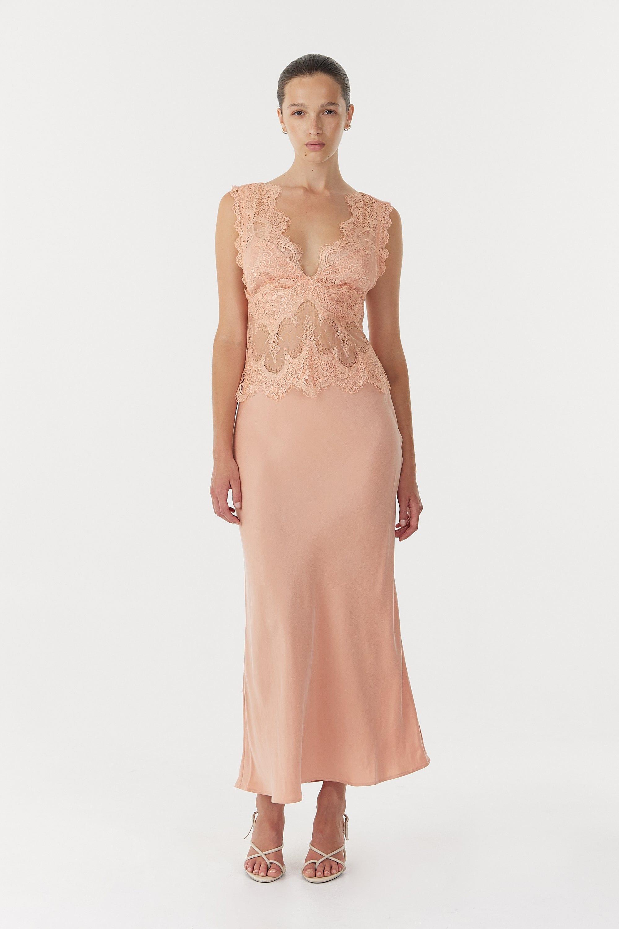 VISIONS LACE DEEP V MAXI DRESS | CORAL THIRD FORM - International VISIONS LACE DEEP V MAXI DRESS | CORAL THIRD FORM - International