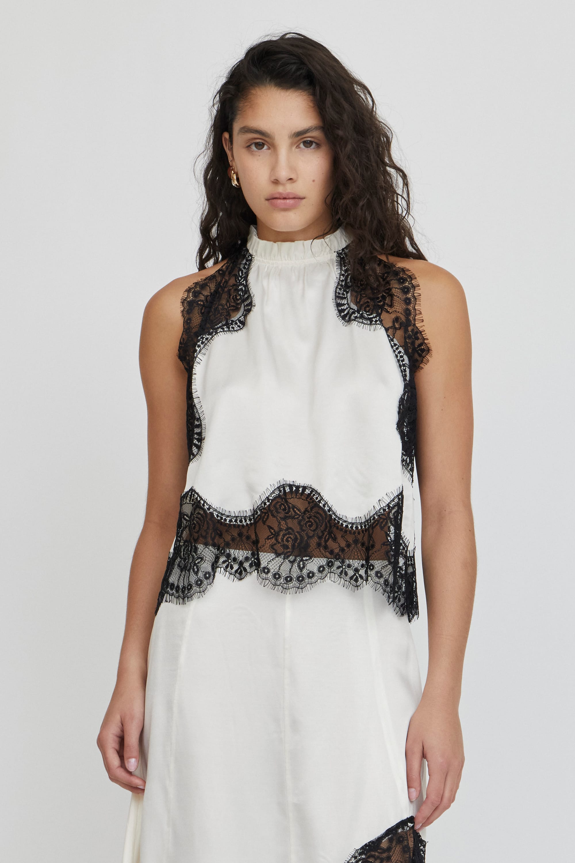 white lace top black skirt dress White Lace Ruffle Top And Black Skirt With Pockets Top / White Top/Black Skirt / S
