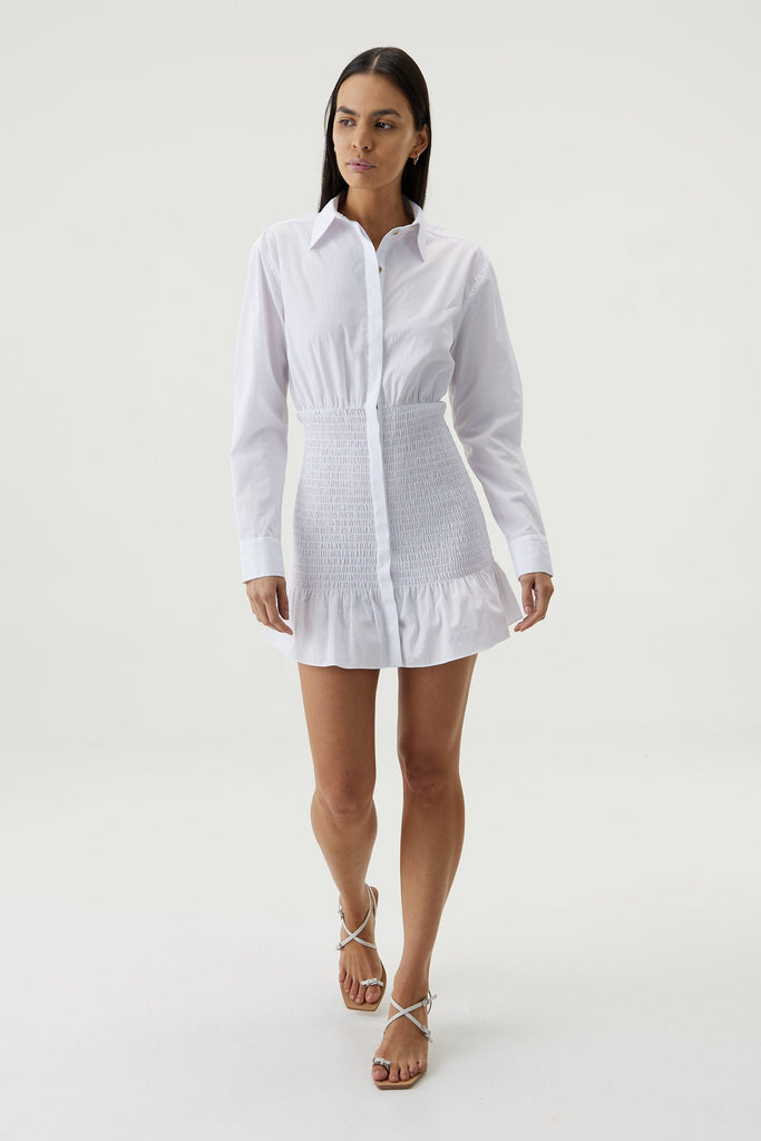 BLUR OUT SHIRRED SHIRT DRESS | WHITE THIRD FORM - International BLUR OUT SHIRRED SHIRT DRESS | WHITE THIRD FORM - International