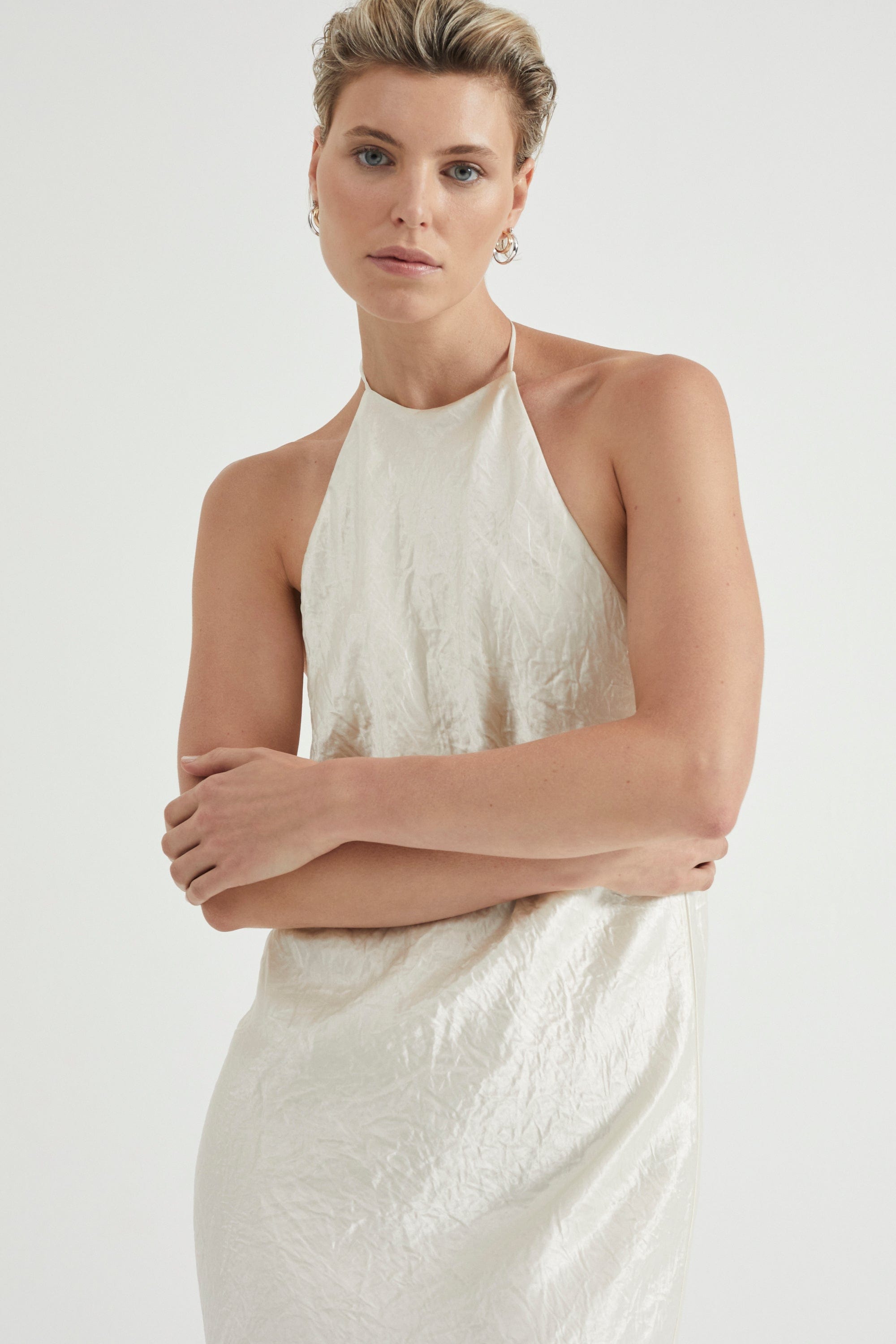 CRUSH BIAS HALTER DRESS | CREAM THIRD FORM - International CRUSH BIAS HALTER DRESS | CREAM THIRD FORM - International