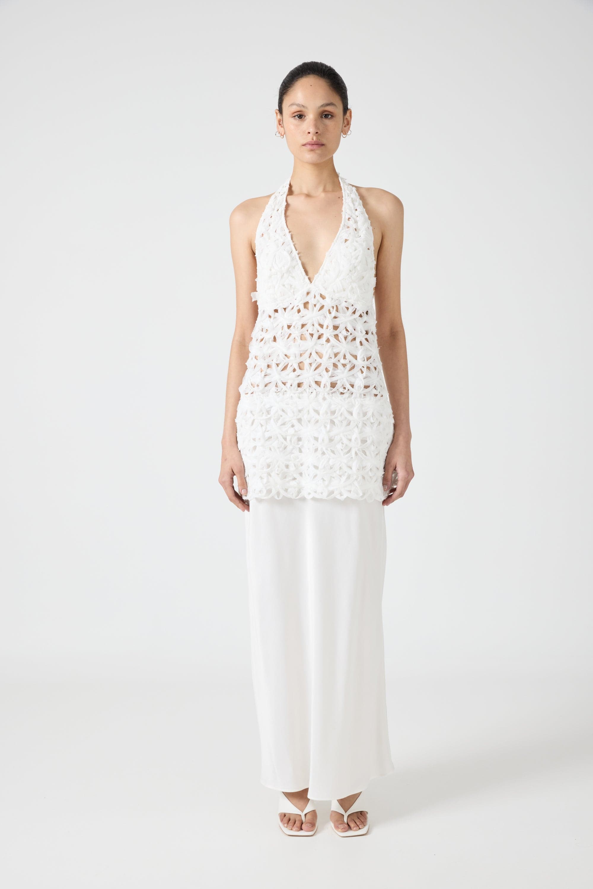 third form gaia sheer ruffle halter dress Gaia Tiered Lace Maxi Halter Dress