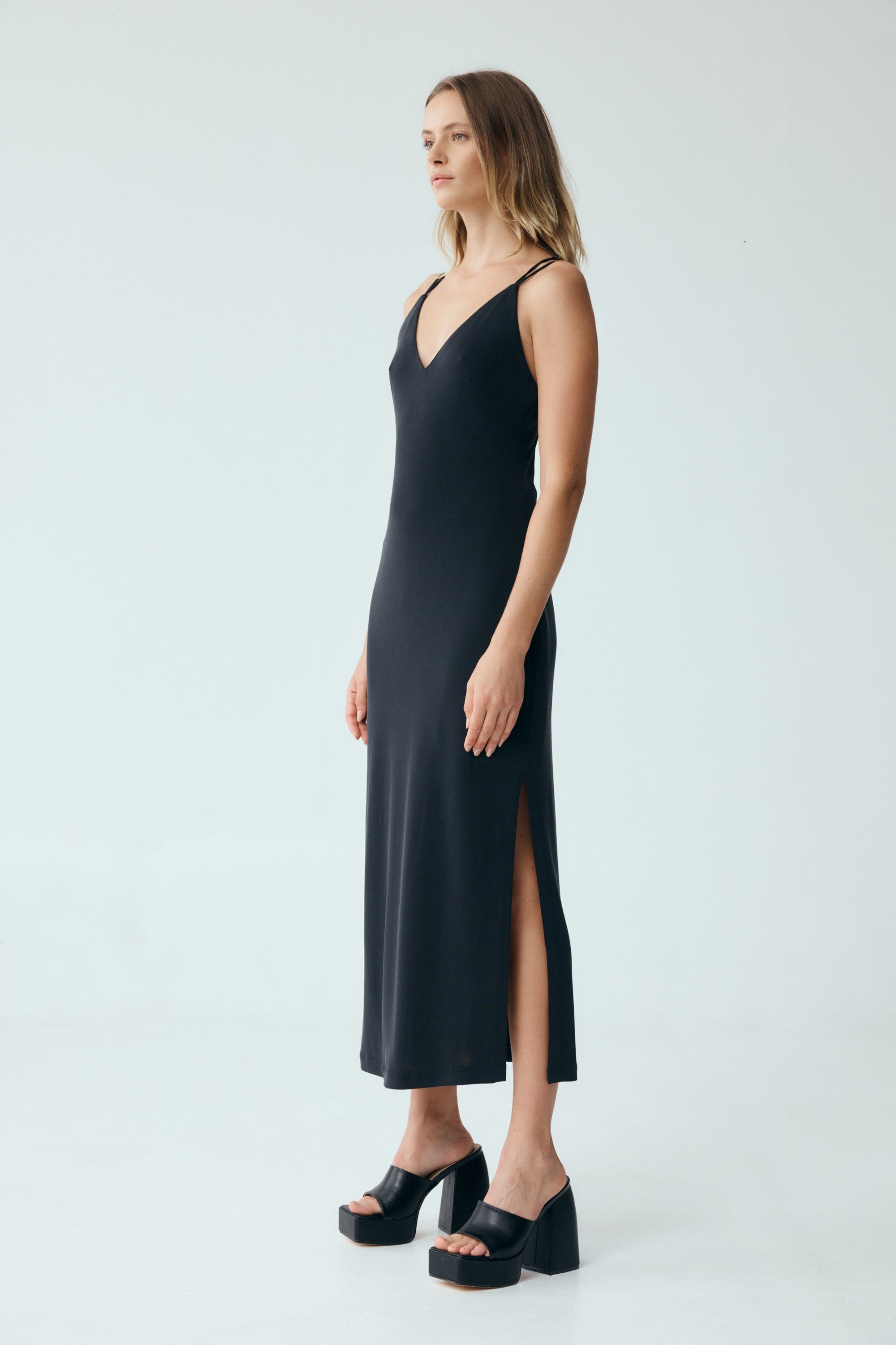 black cross strap detail maxi dress Paths Cross Maxi Dress Black / L
