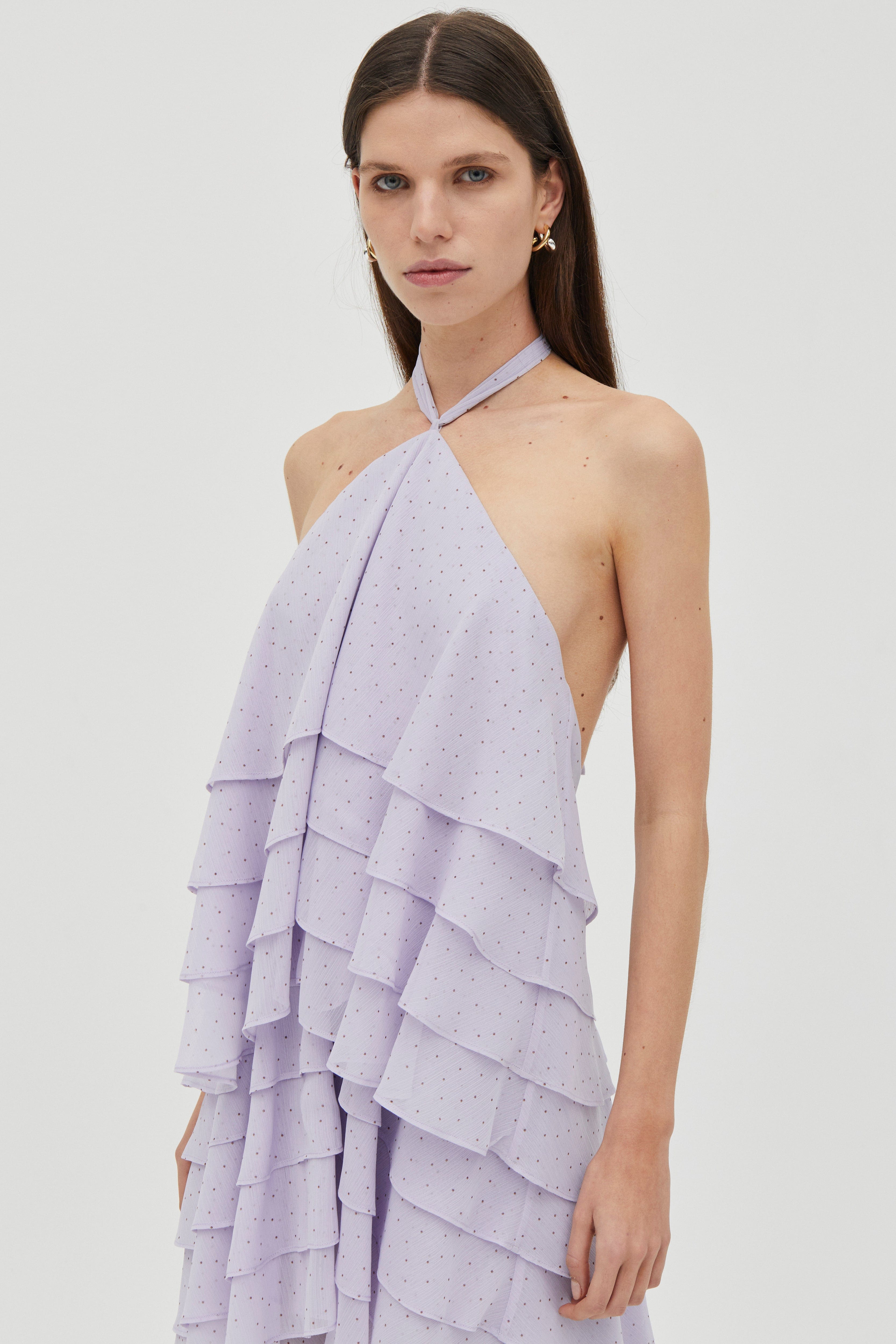 lilac tiered maxi dress ASOS DESIGN twist front tiered babydoll voile maxi dress with frills and hi low hem in lilac