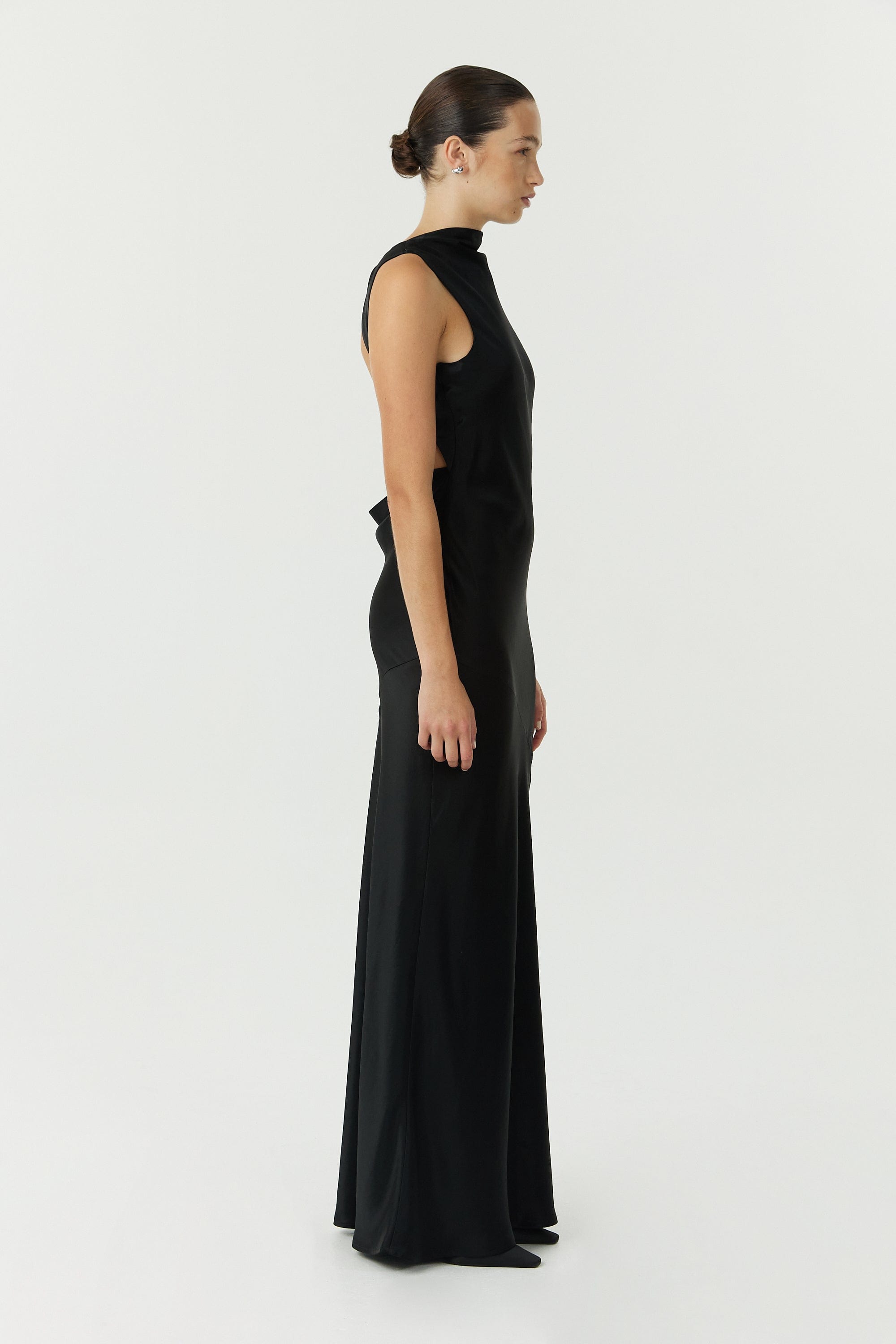 black satin cowl back dress To The Moon
