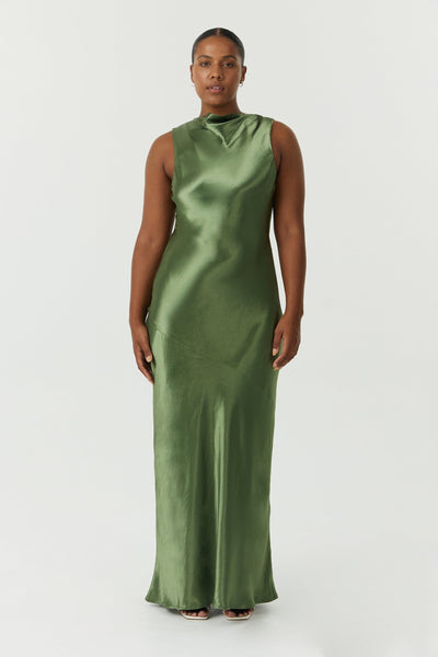 SATIN BIAS COWL BACK MAXI | OLIVE  THIRD FORM - International