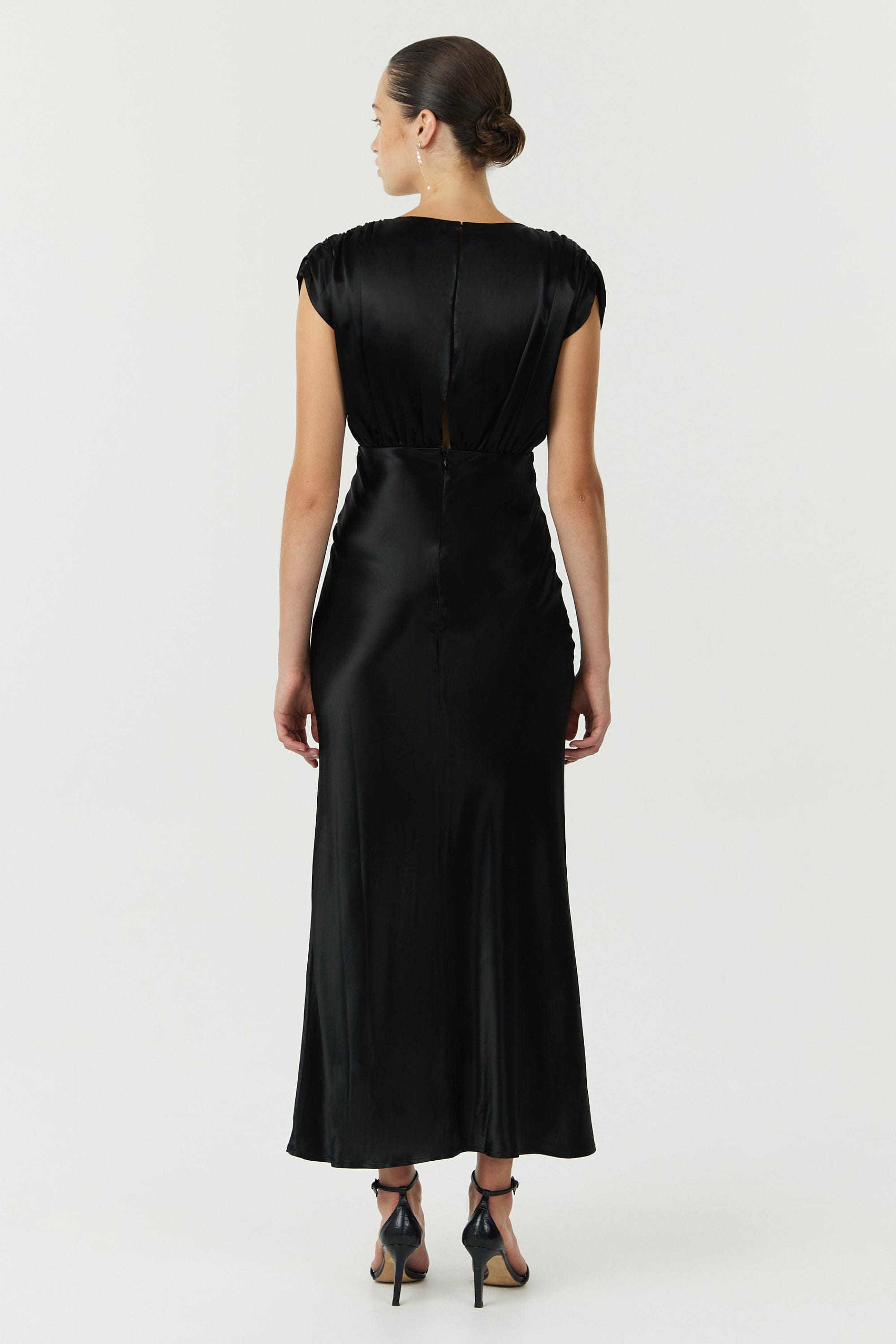 SATIN CROSS OVER GATHER DRESS | BLACK THIRD FORM - International SATIN CROSS OVER GATHER DRESS | BLACK THIRD FORM - International