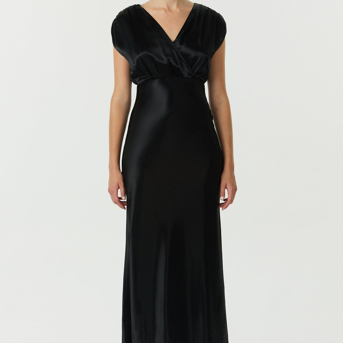 SATIN CROSS OVER GATHER DRESS | BLACK — THIRD FORM