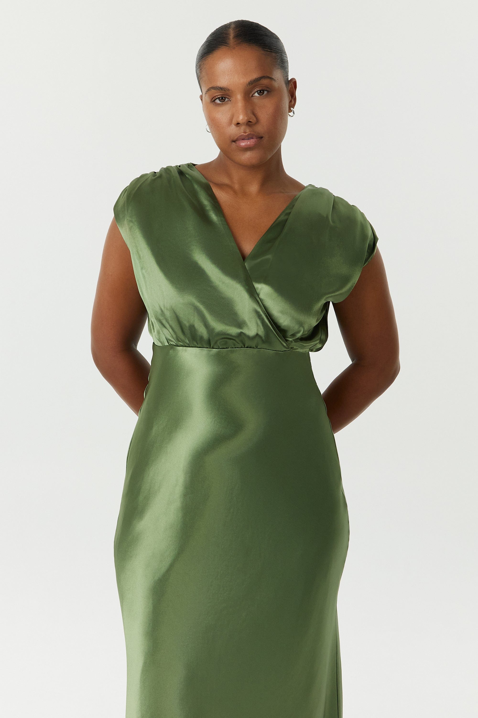 SATIN CROSS OVER GATHER DRESS | OLIVE THIRD FORM - International SATIN CROSS OVER GATHER DRESS | OLIVE THIRD FORM - International