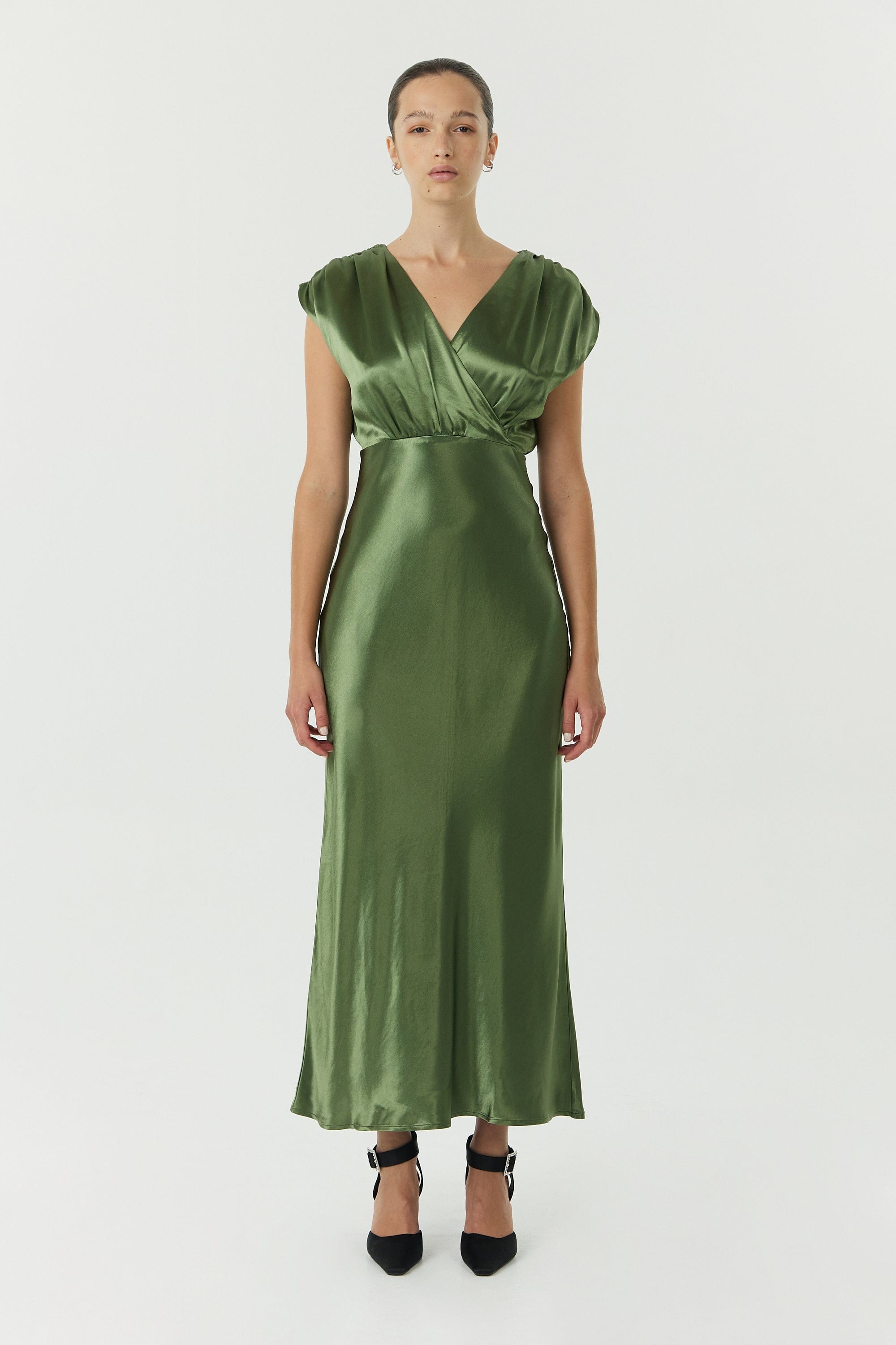 SATIN CROSS OVER GATHER DRESS | OLIVE THIRD FORM - International SATIN CROSS OVER GATHER DRESS | OLIVE THIRD FORM - International