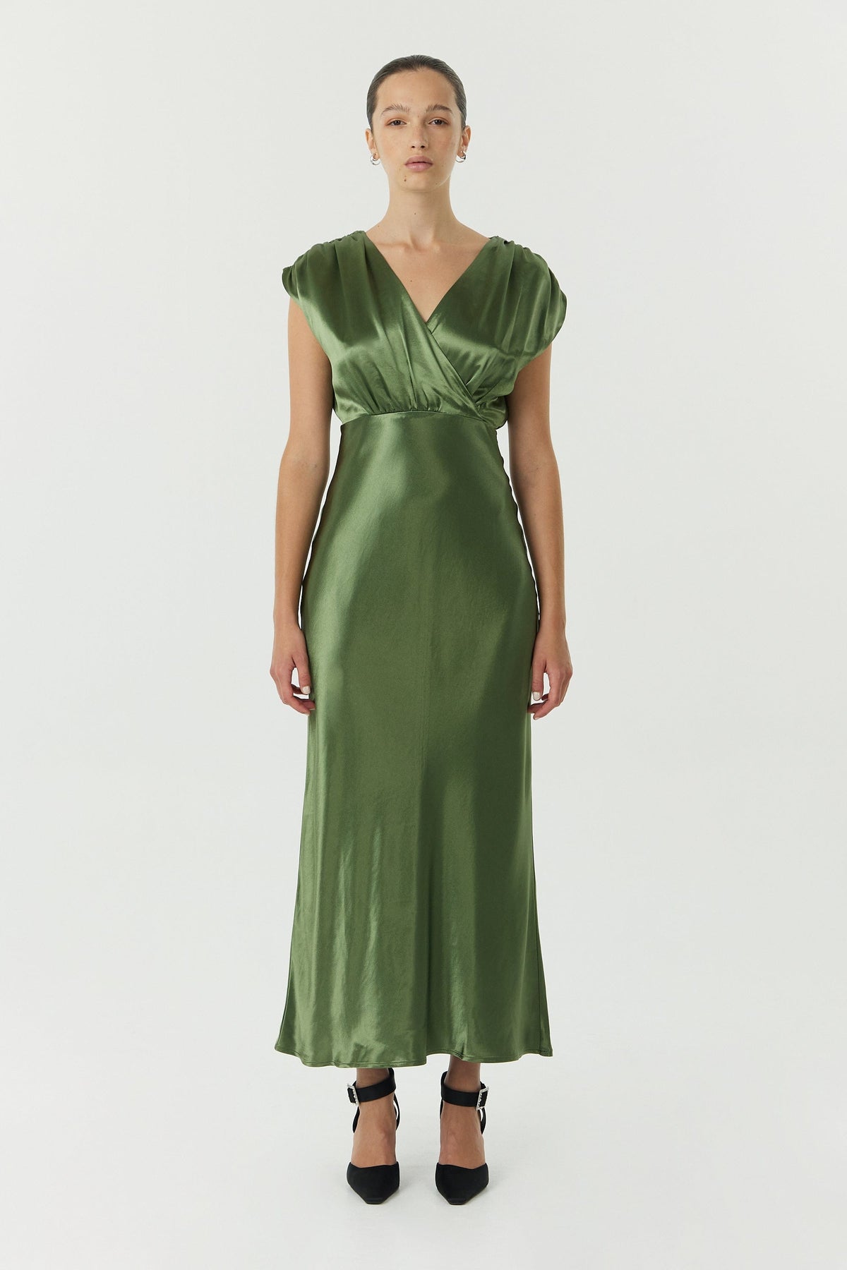 SATIN CROSS OVER GATHER DRESS | OLIVE THIRD FORM - International SATIN CROSS OVER GATHER DRESS | OLIVE THIRD FORM - International