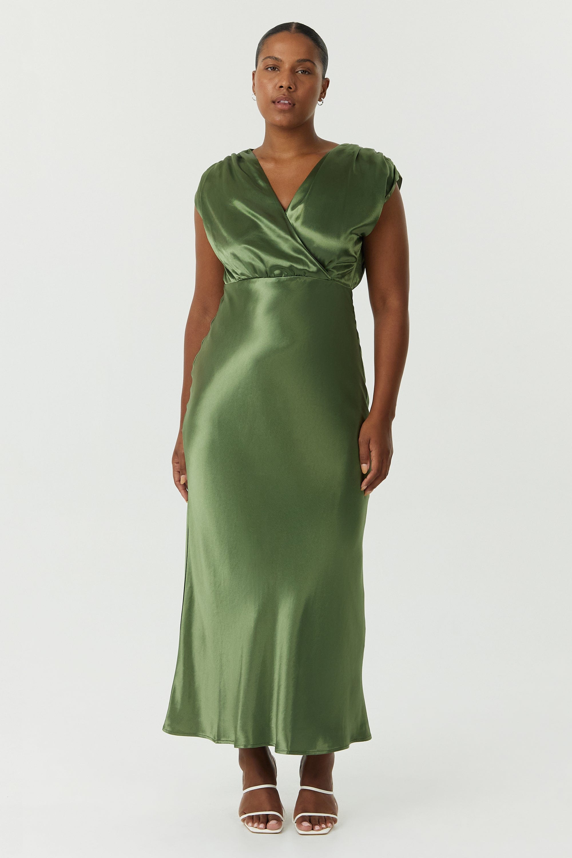 SATIN CROSS OVER GATHER DRESS | OLIVE THIRD FORM - International SATIN CROSS OVER GATHER DRESS | OLIVE THIRD FORM - International