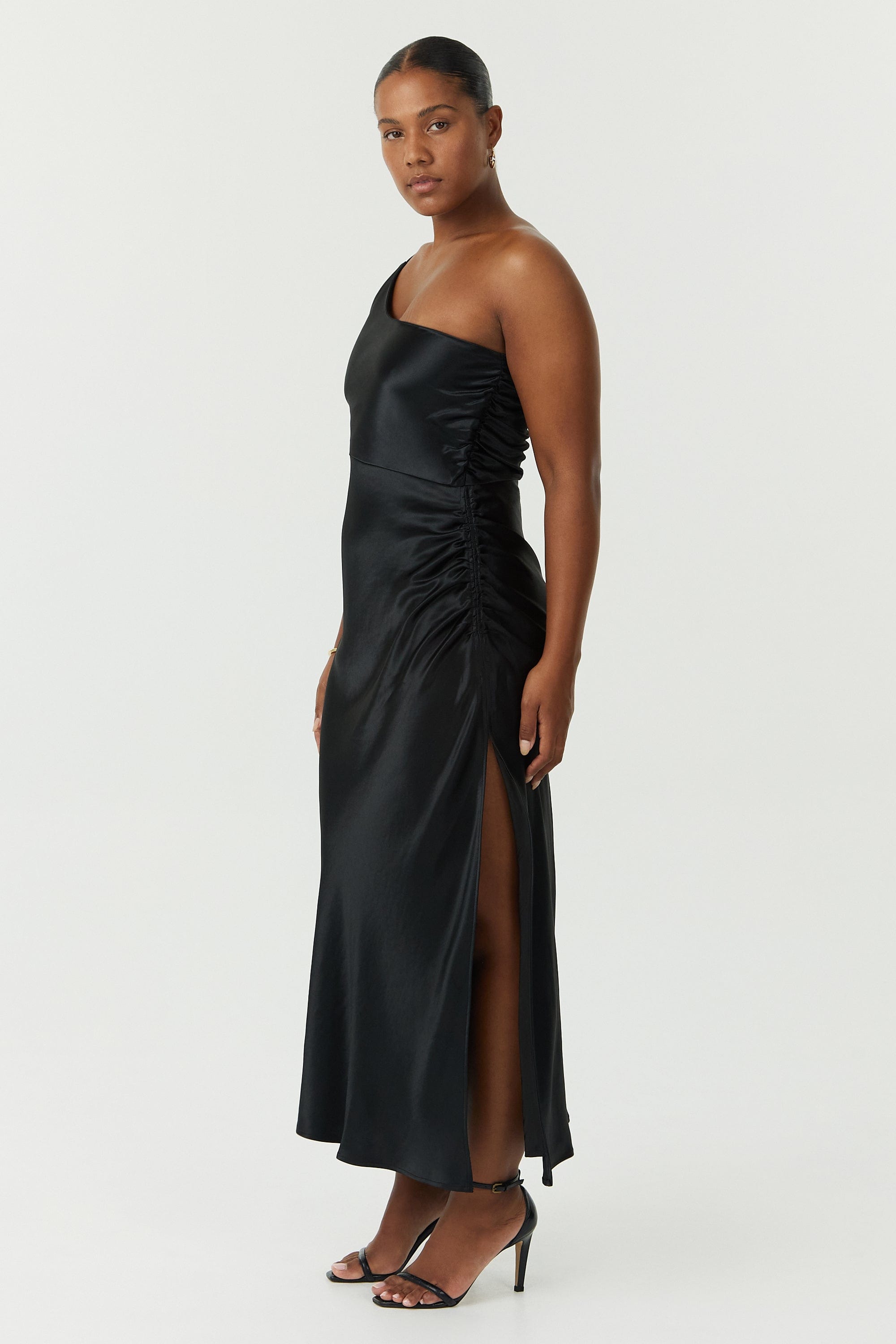 SATIN GATHER ONE SHOULDER DRESS