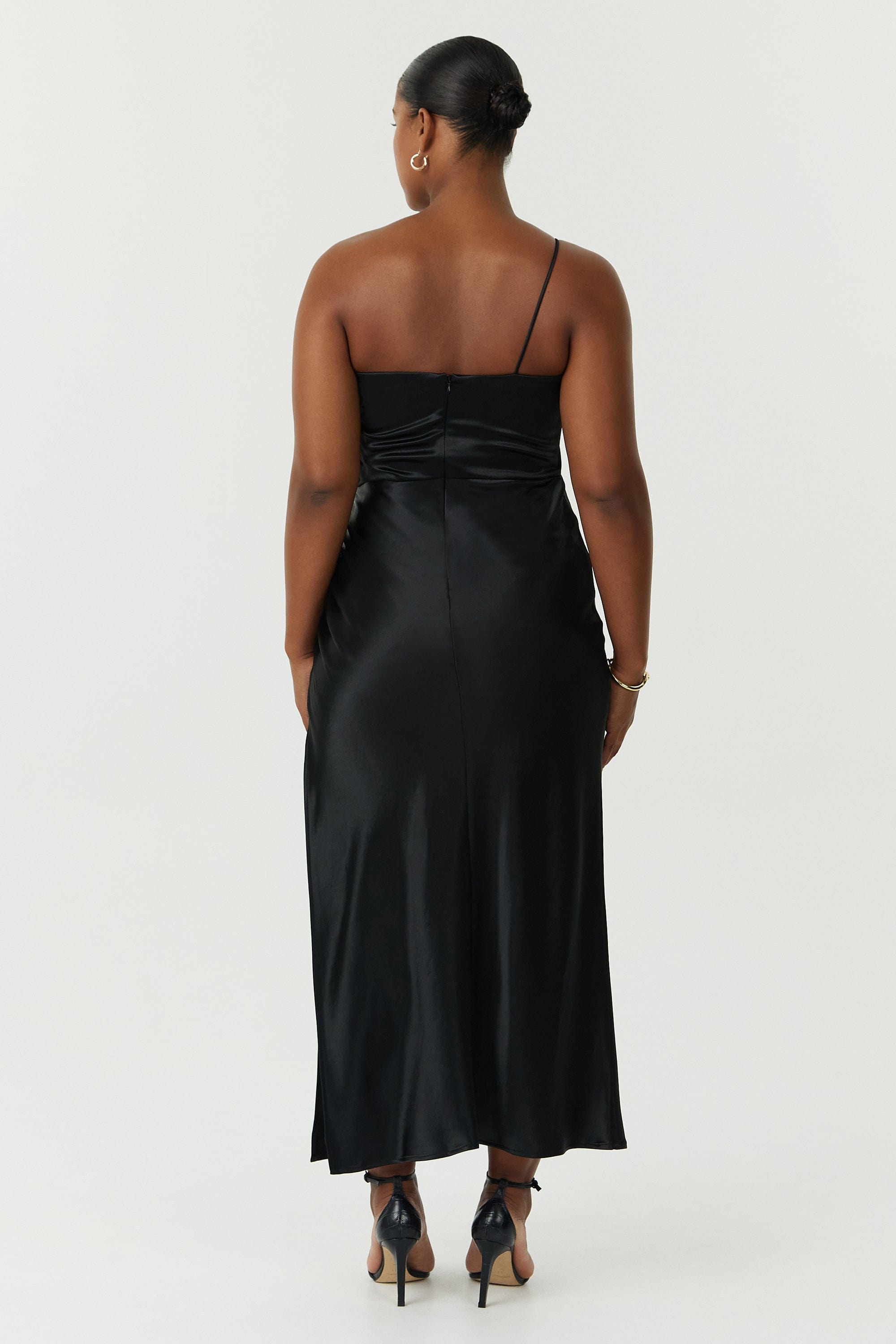 SATIN GATHER ONE SHOULDER DRESS | BLACK THIRD FORM - International SATIN GATHER ONE SHOULDER DRESS | BLACK THIRD FORM - International