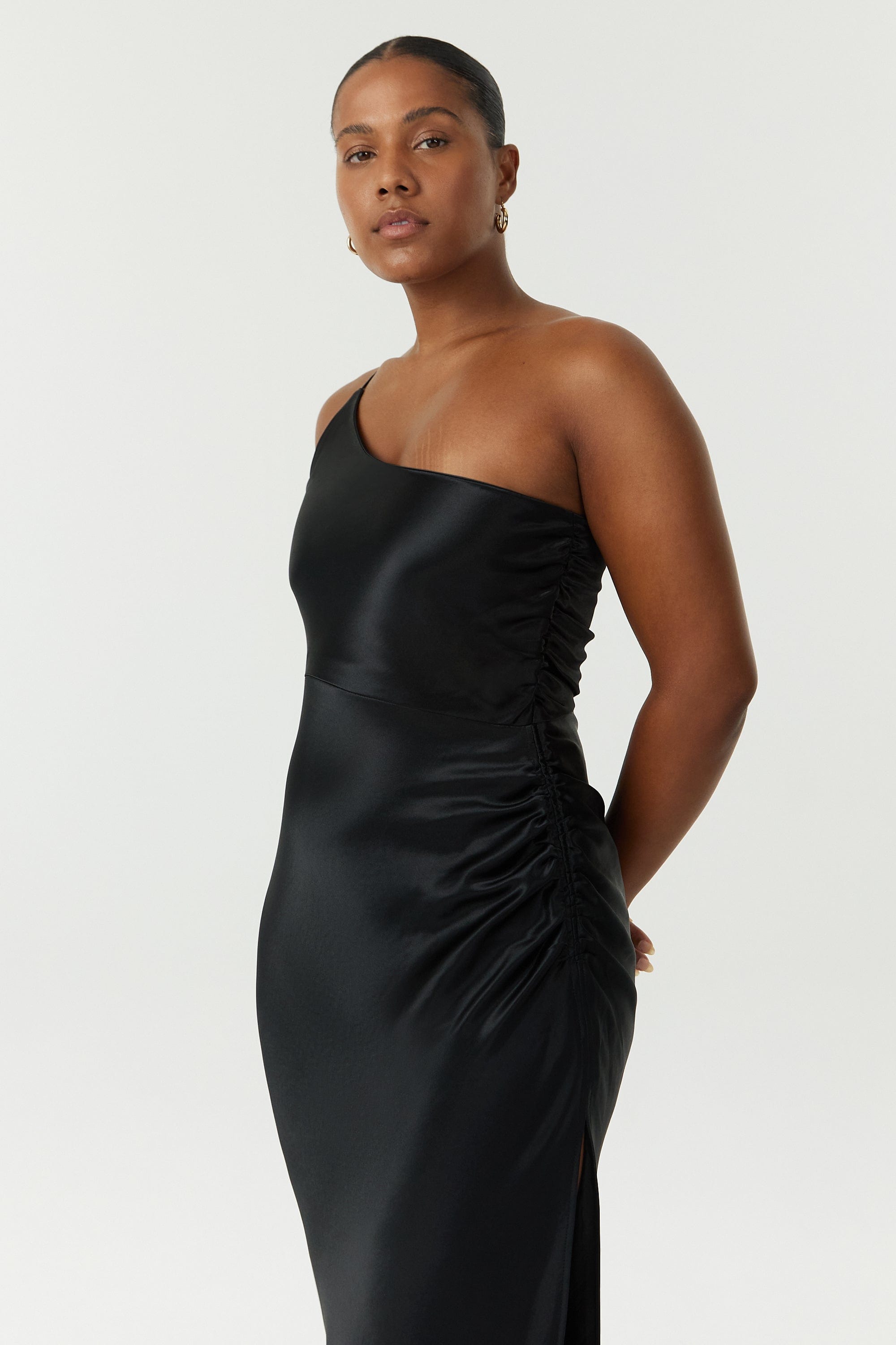 SATIN GATHER ONE SHOULDER DRESS | BLACK THIRD FORM - International SATIN GATHER ONE SHOULDER DRESS | BLACK THIRD FORM - International