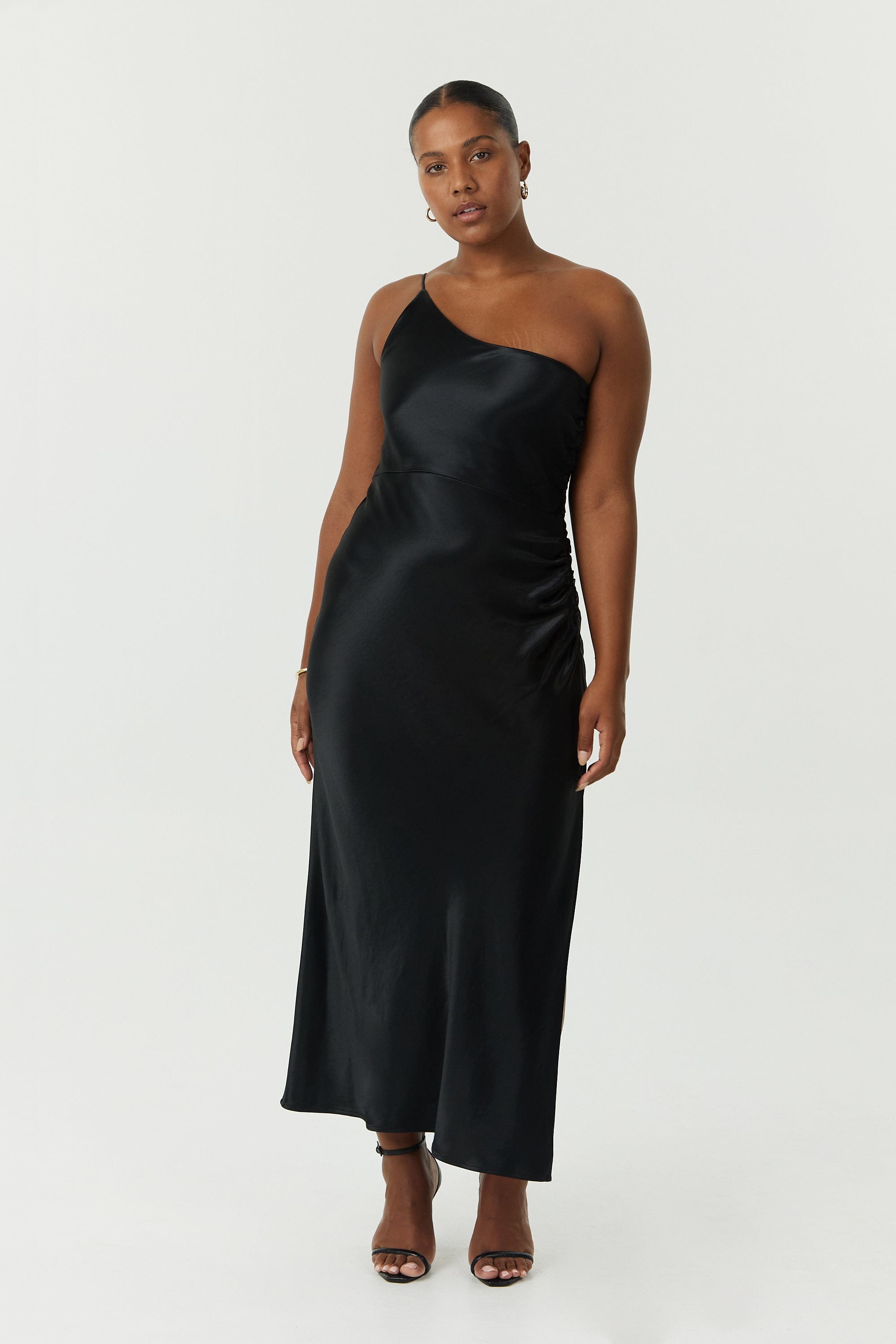 SATIN GATHER ONE SHOULDER DRESS BLACK — THIRD FORM International