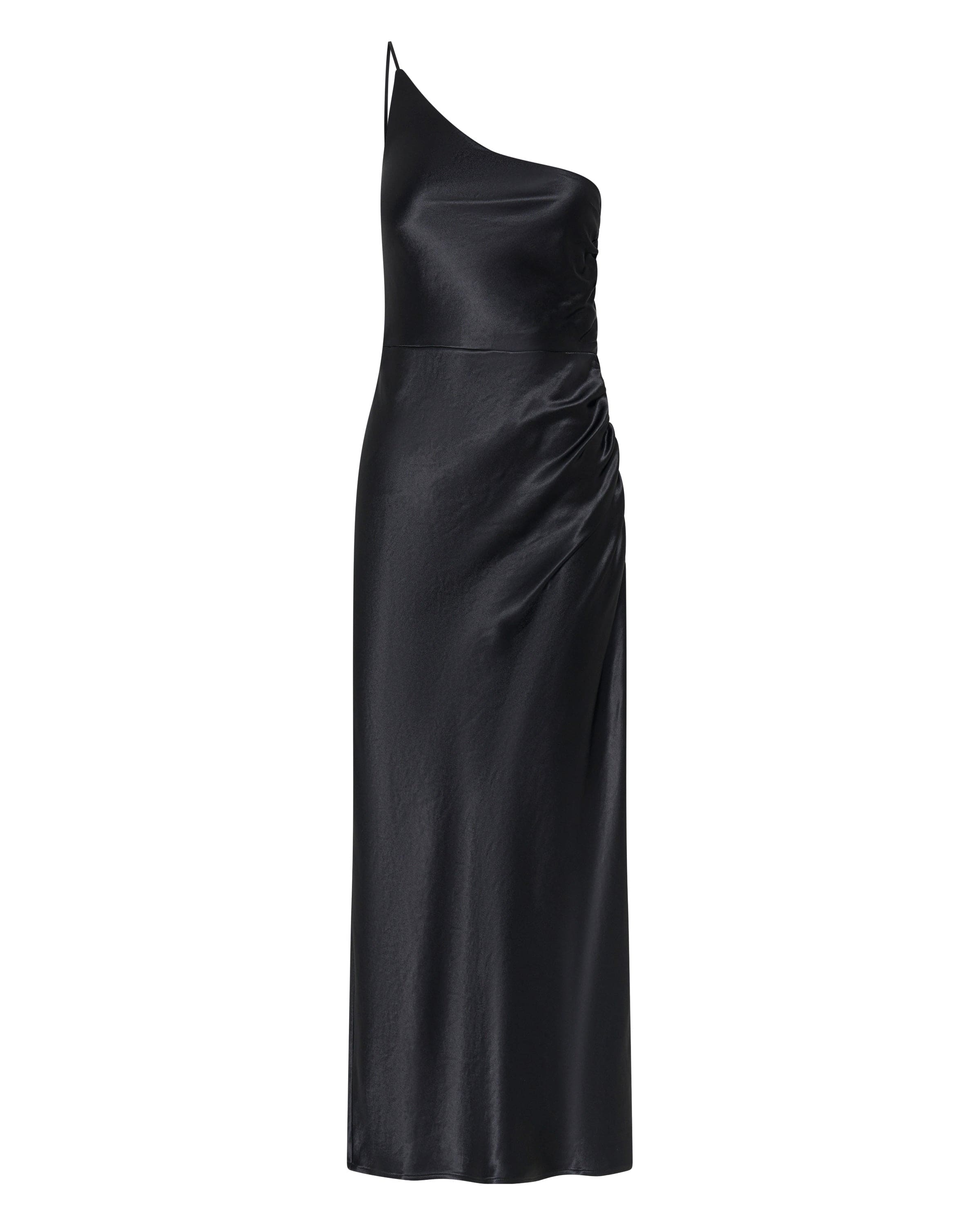 SATIN GATHER ONE SHOULDER DRESS | BLACK THIRD FORM - International SATIN GATHER ONE SHOULDER DRESS | BLACK THIRD FORM - International