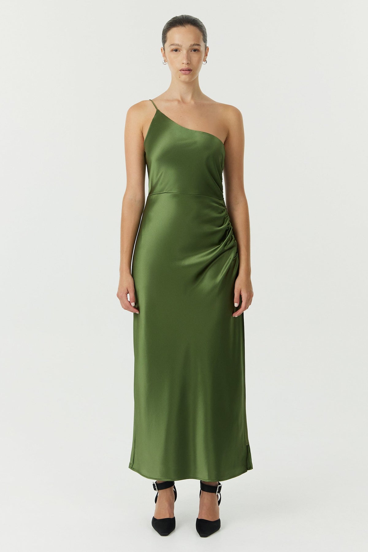 SATIN GATHER ONE SHOULDER DRESS | OLIVE — THIRD FORM - International