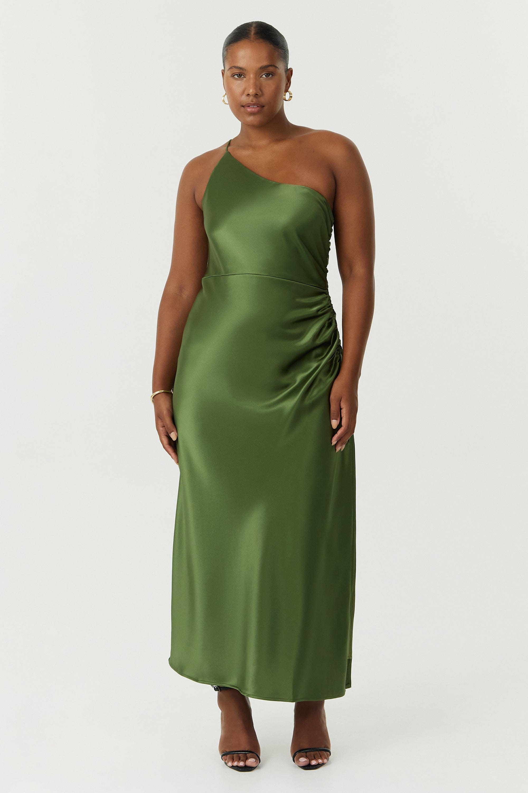 SATIN GATHER ONE SHOULDER DRESS OLIVE — THIRD FORM International