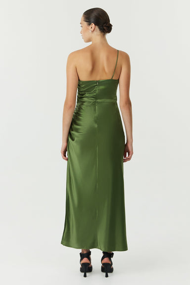 SATIN CROSS OVER GATHER DRESS | OLIVE THIRD FORM - International SATIN CROSS OVER GATHER DRESS | OLIVE THIRD FORM - International