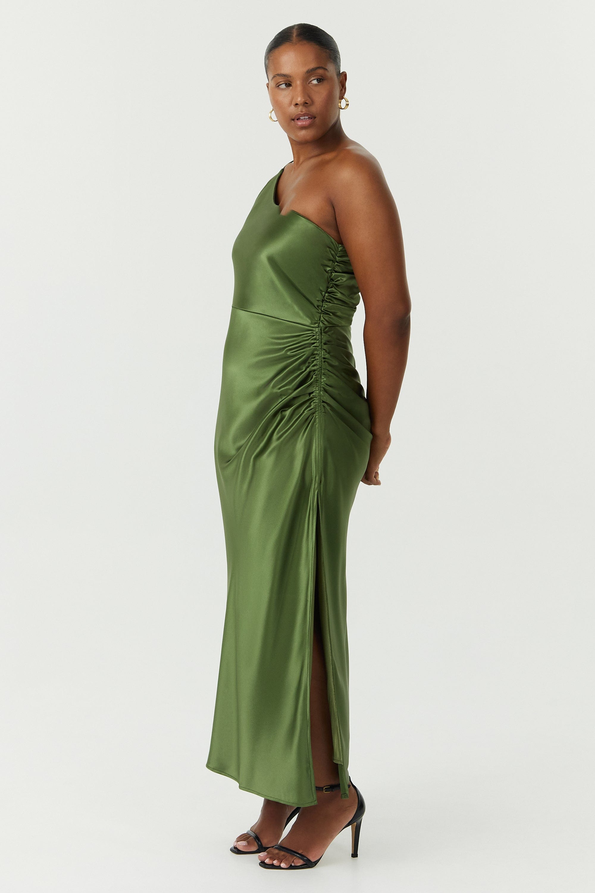SATIN GATHER ONE SHOULDER DRESS | OLIVE THIRD FORM - International SATIN GATHER ONE SHOULDER DRESS | OLIVE THIRD FORM - International