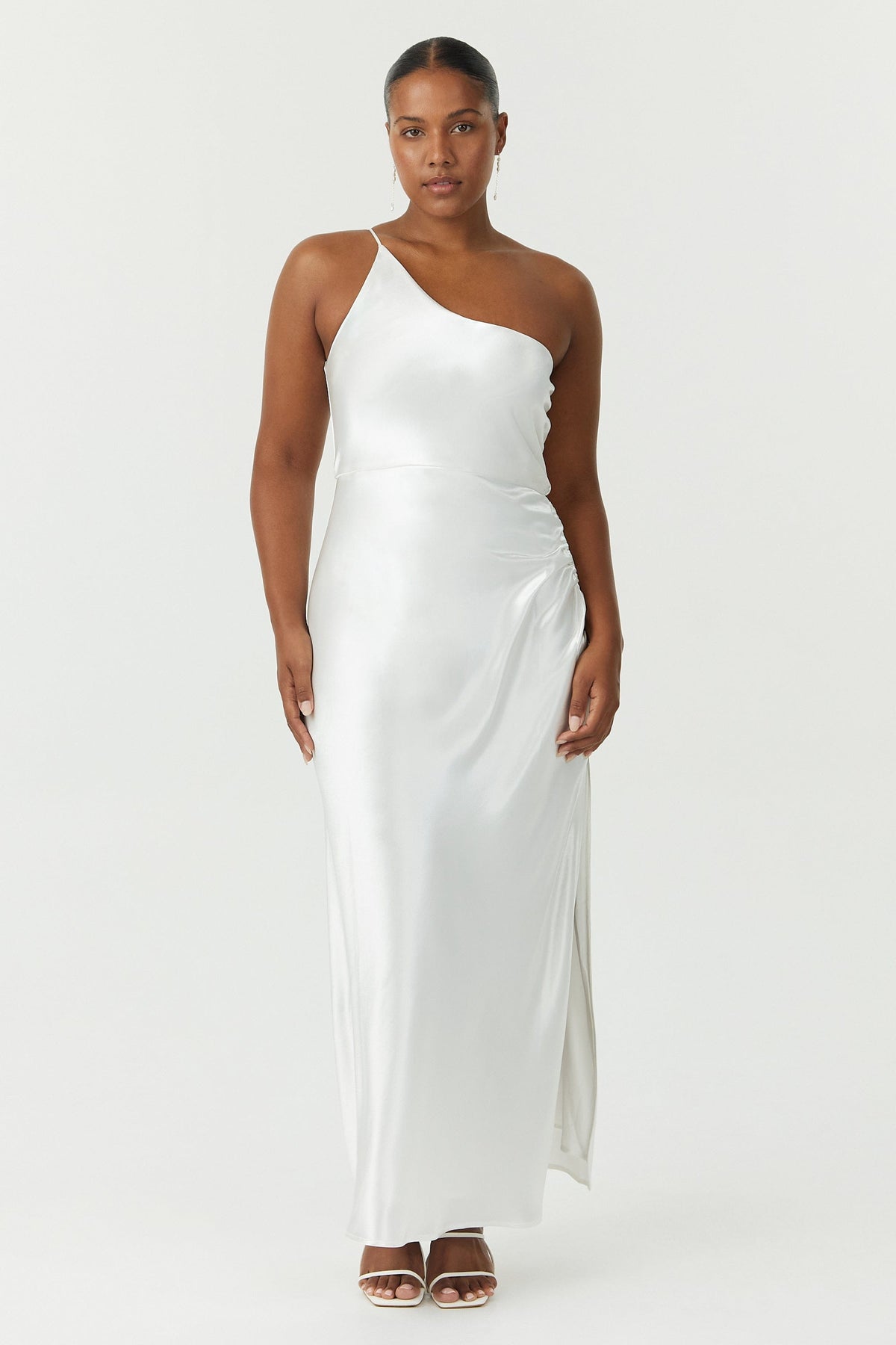 SATIN GATHER ONE SHOULDER DRESS | POWDER WHITE — THIRD FORM - International