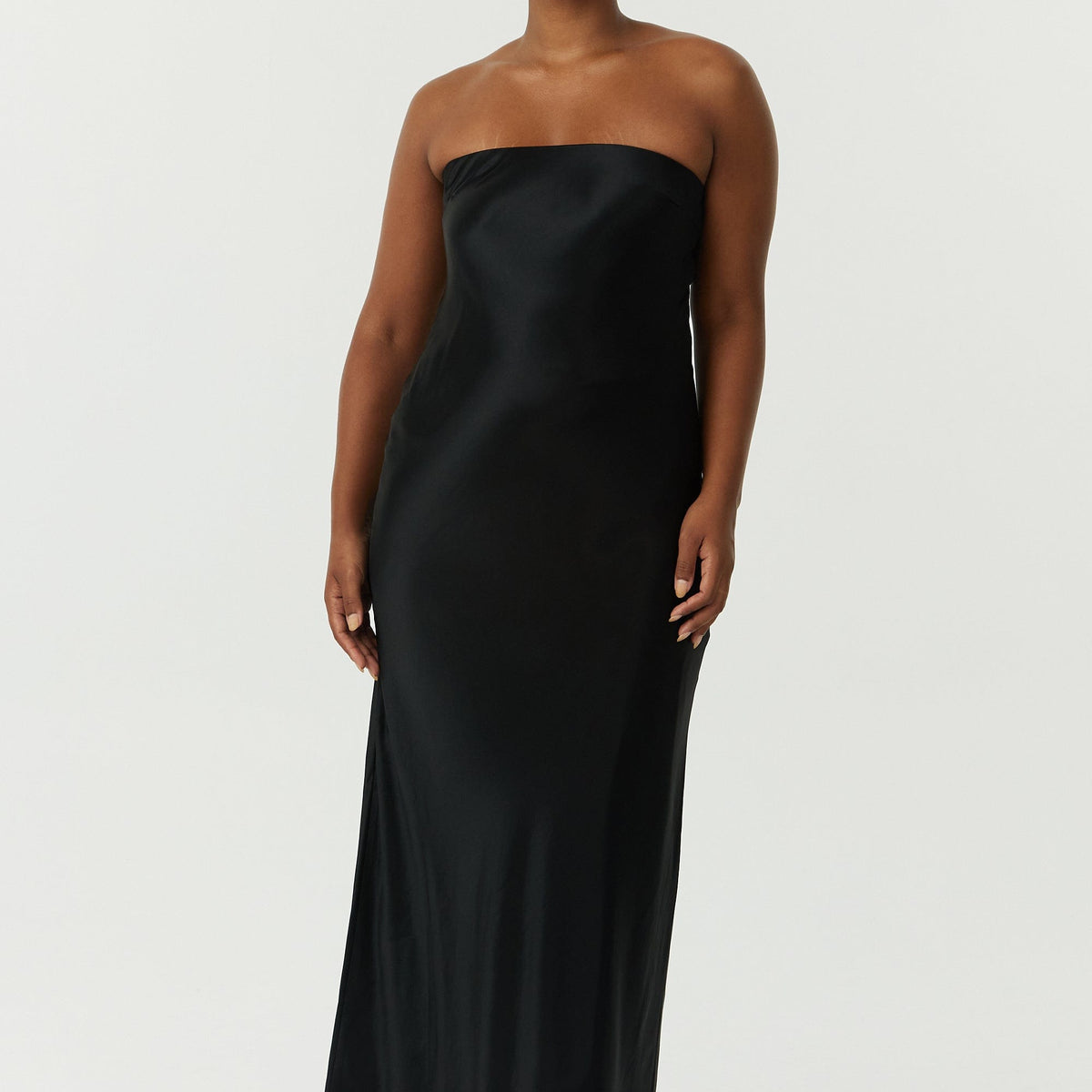 strapless black tie dress SATIN TIE BACK STRAPLESS MAXI | BLACK — THIRD FORM