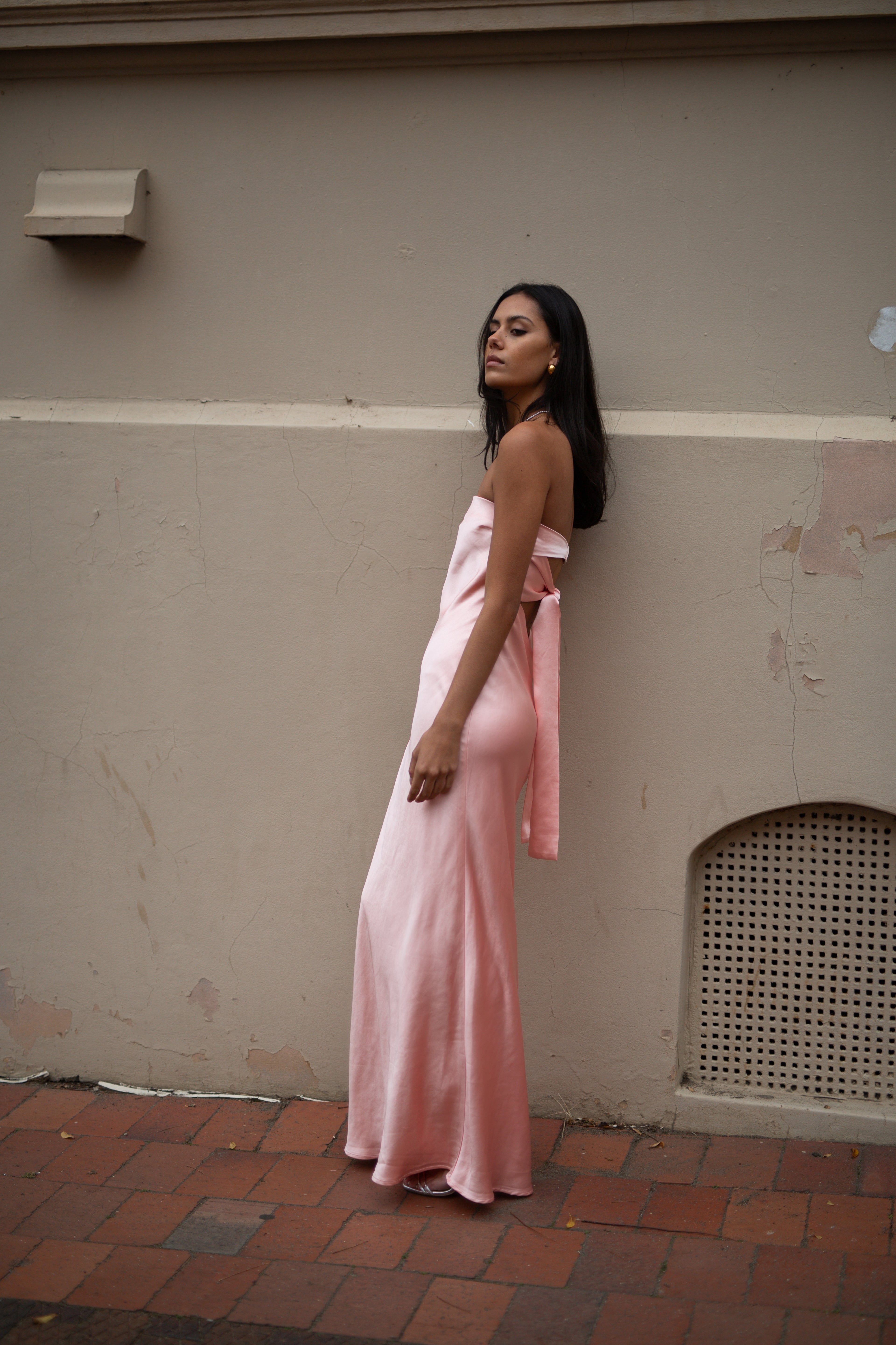 strapless draped maxi dress fairy floss Shona Joy