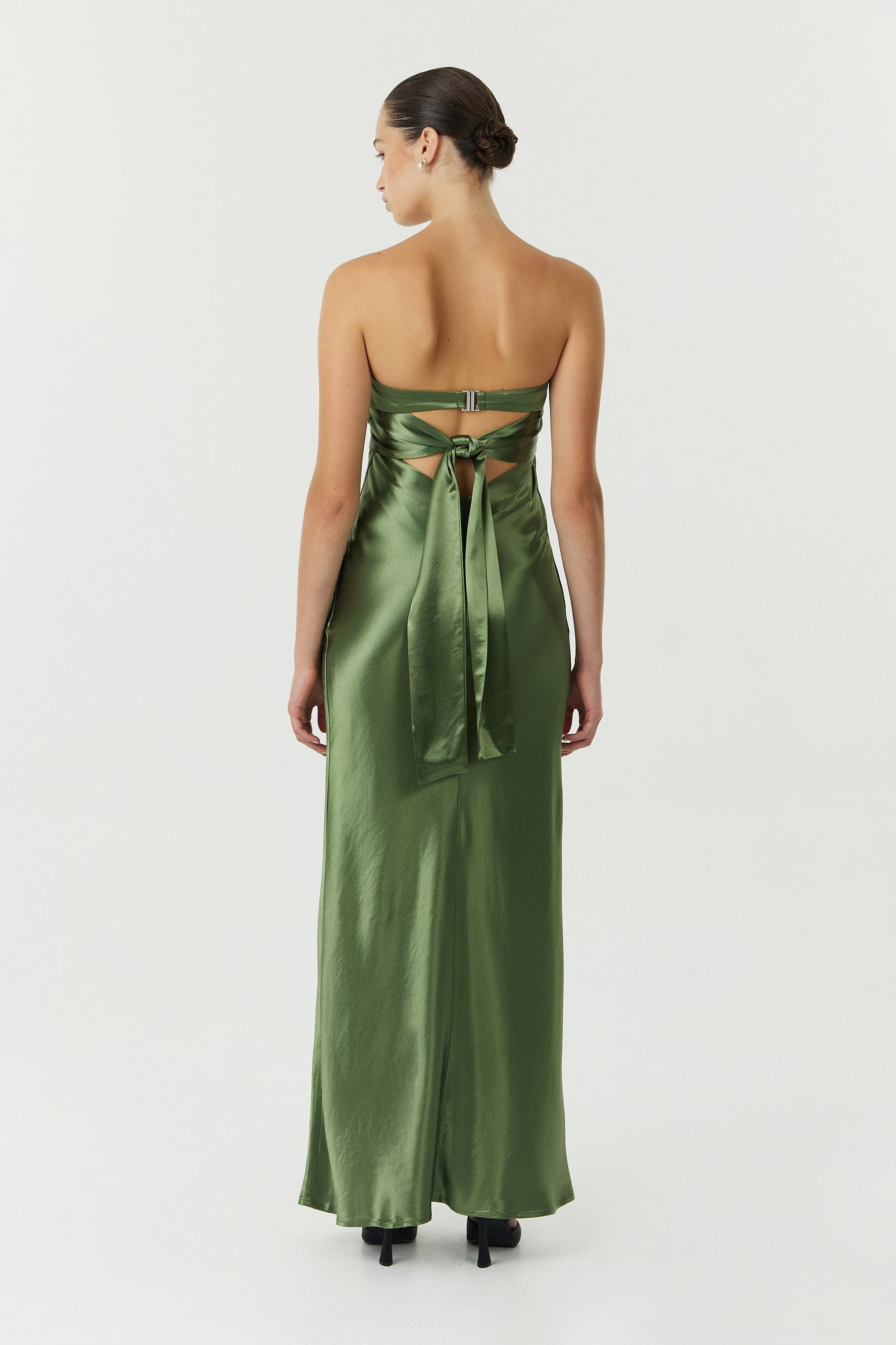 SATIN TIE BACK STRAPLESS MAXI | OLIVE THIRD FORM - International SATIN TIE BACK STRAPLESS MAXI | OLIVE THIRD FORM - International