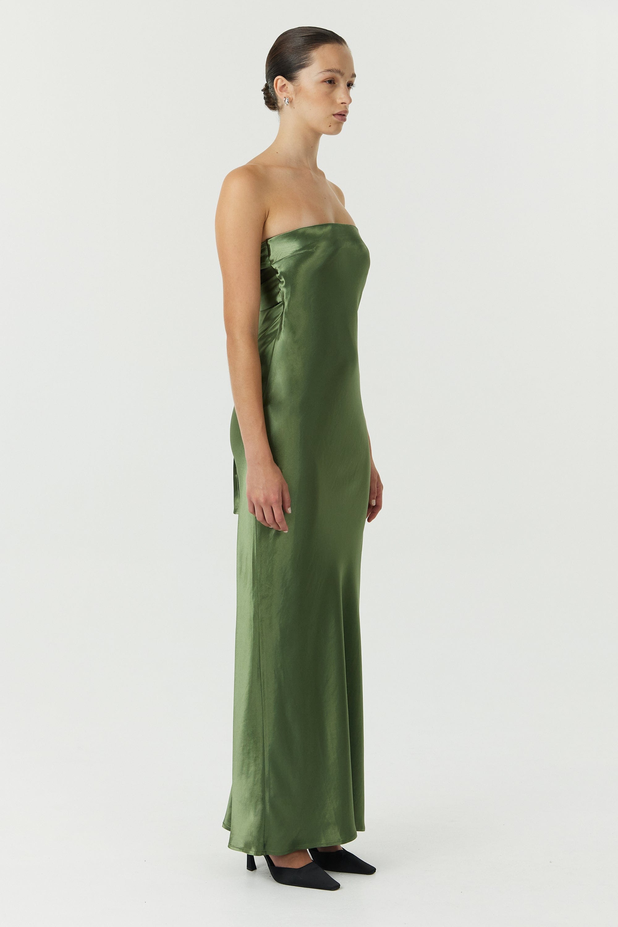 SATIN TIE BACK STRAPLESS MAXI | OLIVE THIRD FORM - International SATIN TIE BACK STRAPLESS MAXI | OLIVE THIRD FORM - International