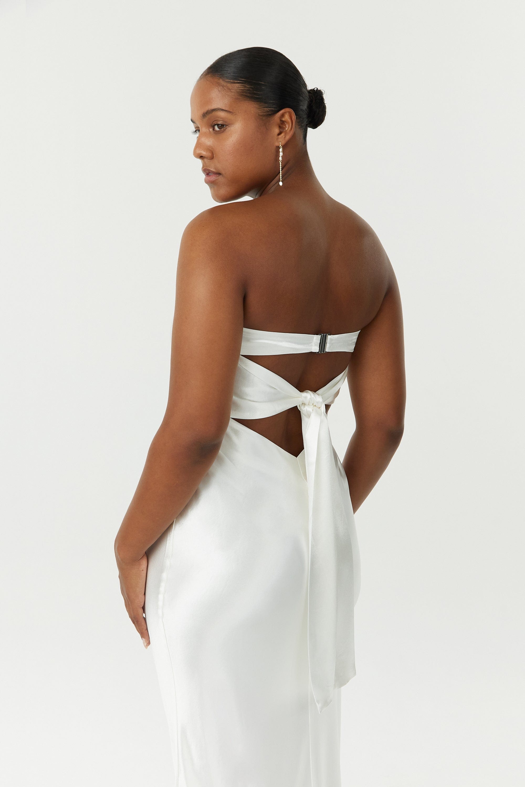 SATIN TIE BACK STRAPLESS MAXI | POWDER WHITE — THIRD FORM SATIN TIE BACK STRAPLESS MAXI | POWDER WHITE — THIRD FORM
