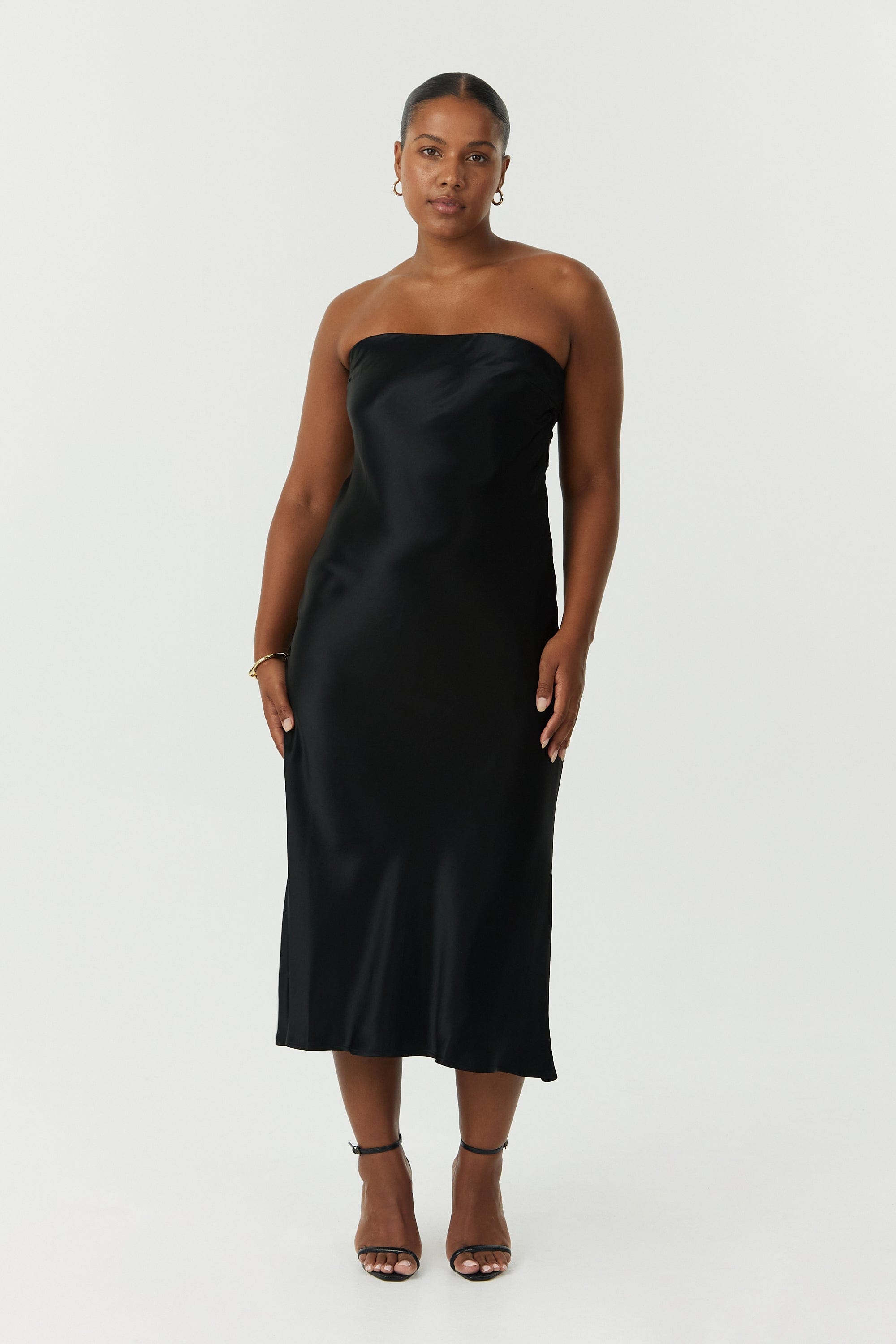 SATIN TIE BACK STRAPLESS MIDI | BLACK THIRD FORM - International SATIN TIE BACK STRAPLESS MIDI | BLACK THIRD FORM - International