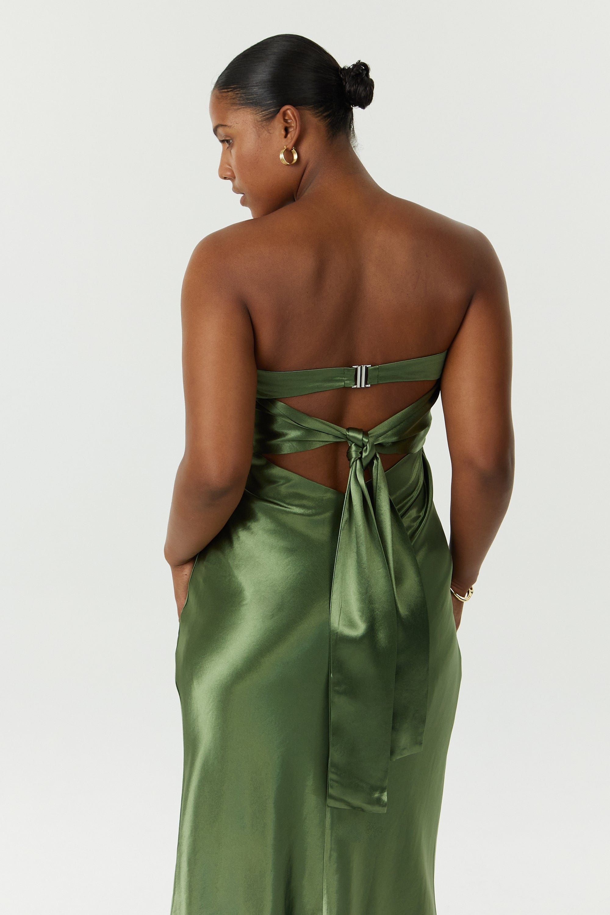 SATIN TIE BACK STRAPLESS MIDI | OLIVE THIRD FORM - International SATIN TIE BACK STRAPLESS MIDI | OLIVE THIRD FORM - International