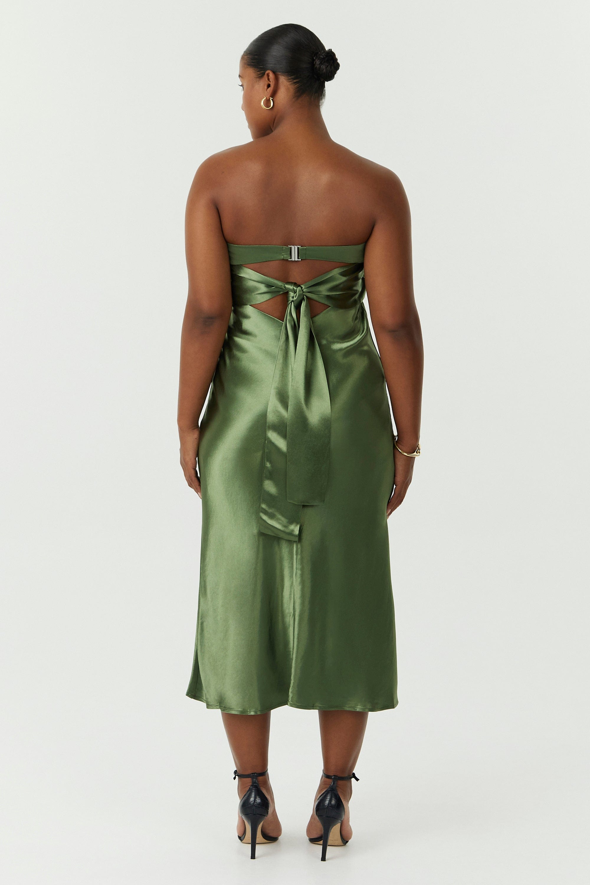SATIN TIE BACK STRAPLESS MIDI | OLIVE THIRD FORM - International SATIN TIE BACK STRAPLESS MIDI | OLIVE THIRD FORM - International