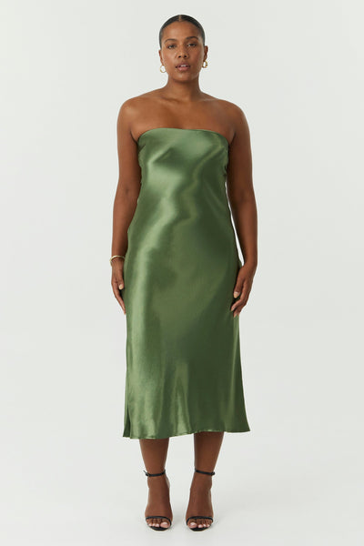 SATIN TIE BACK STRAPLESS MIDI | OLIVE — THIRD FORM