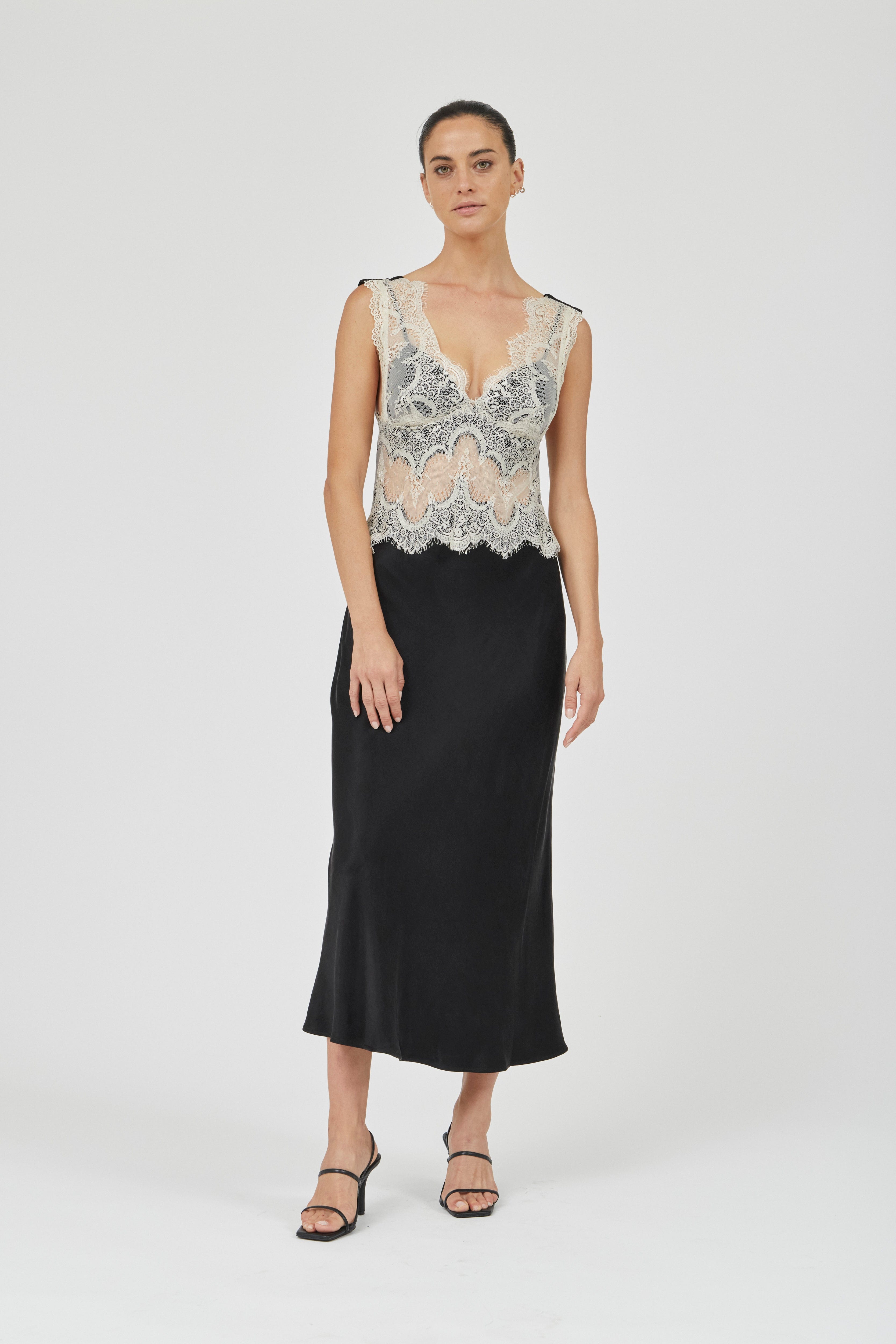 VISIONS LACE DEEP V MAXI DRESS | BUTTERCREAM & BLACK | THIRD FORM | Women's Australian Fashion THIRD FORM - International VISIONS LACE DEEP V MAXI DRESS | BUTTERCREAM & BLACK | THIRD FORM | Women's Australian Fashion THIRD FORM - International