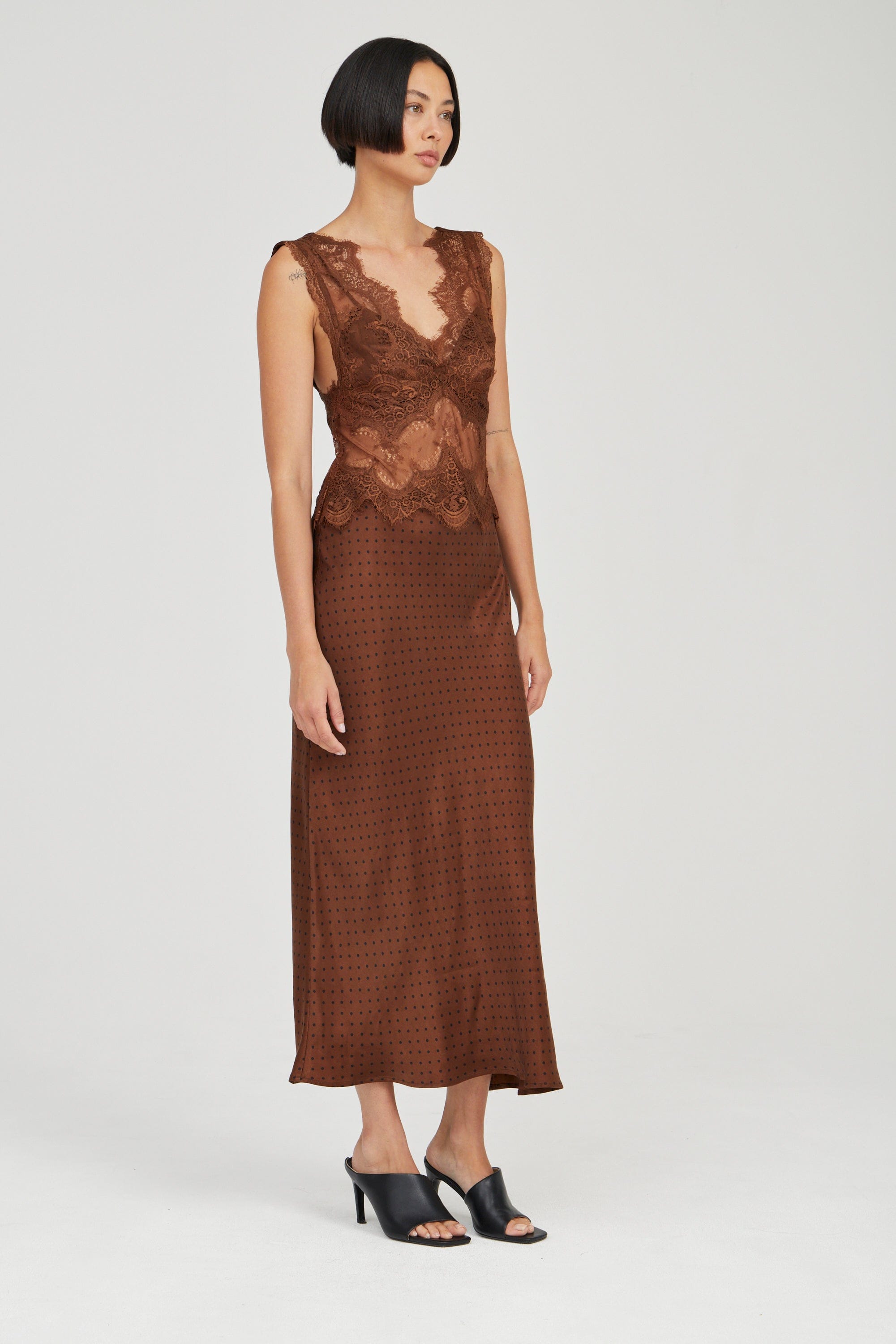 VISIONS LACE DEEP V MAXI DRESS | CHOCOLATE POLKA DOT | THIRD FORM | Women's Australian Fashion THIRD FORM - International VISIONS LACE DEEP V MAXI DRESS | CHOCOLATE POLKA DOT | THIRD FORM | Women's Australian Fashion THIRD FORM - International