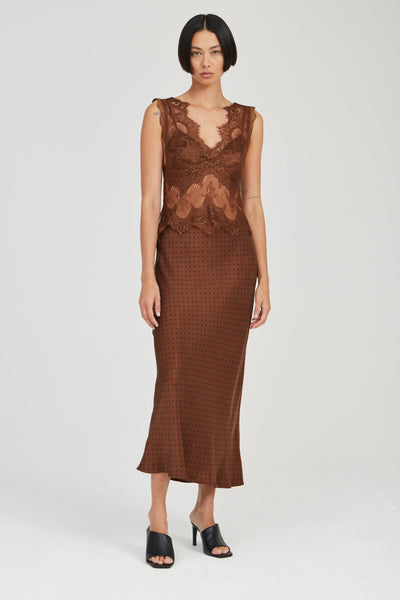 VISIONS LACE DEEP V MAXI DRESS | CHOCOLATE POLKA DOT | THIRD FORM